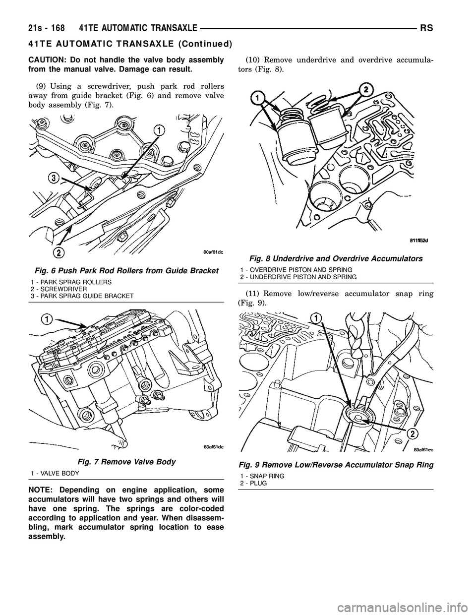 CHRYSLER VOYAGER 2004 Service Manual CAUTION: Do not handle the valve body assembly
from the manual valve. Damage can result.(9) Using a screwdriver, push park rod rollers
away from guide bracket (Fig. 6) and remove valve
body assembly ( CHRYSLER VOYAGER 2004 Service Manual CAUTION: Do not handle the valve body assembly
from the manual valve. Damage can result.(9) Using a screwdriver, push park rod rollers
away from guide bracket (Fig. 6) and remove valve
body assembly (