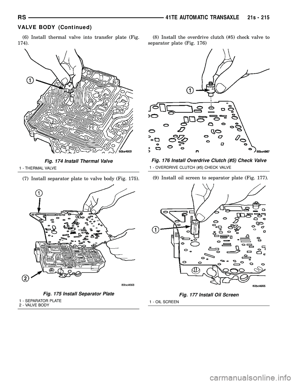 CHRYSLER VOYAGER 2004  Service Manual (6) Install thermal valve into transfer plate (Fig.
174).
(7) Install separator plate to valve body (Fig. 175). (8) Install the overdrive clutch (#5) check valve to
separator plate (Fig. 176)
(9) Inst