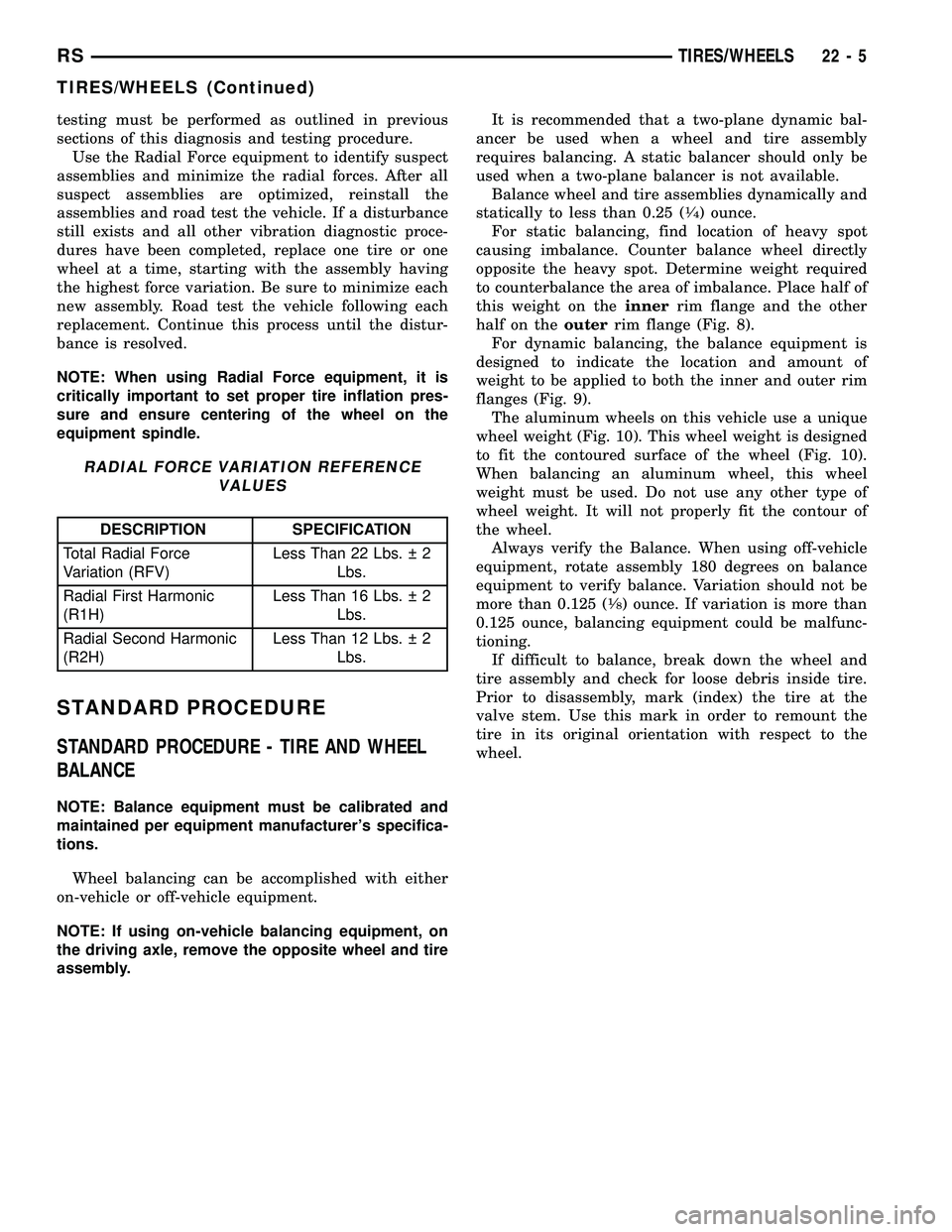 CHRYSLER VOYAGER 2004  Service Manual testing must be performed as outlined in previous
sections of this diagnosis and testing procedure.
Use the Radial Force equipment to identify suspect
assemblies and minimize the radial forces. After 