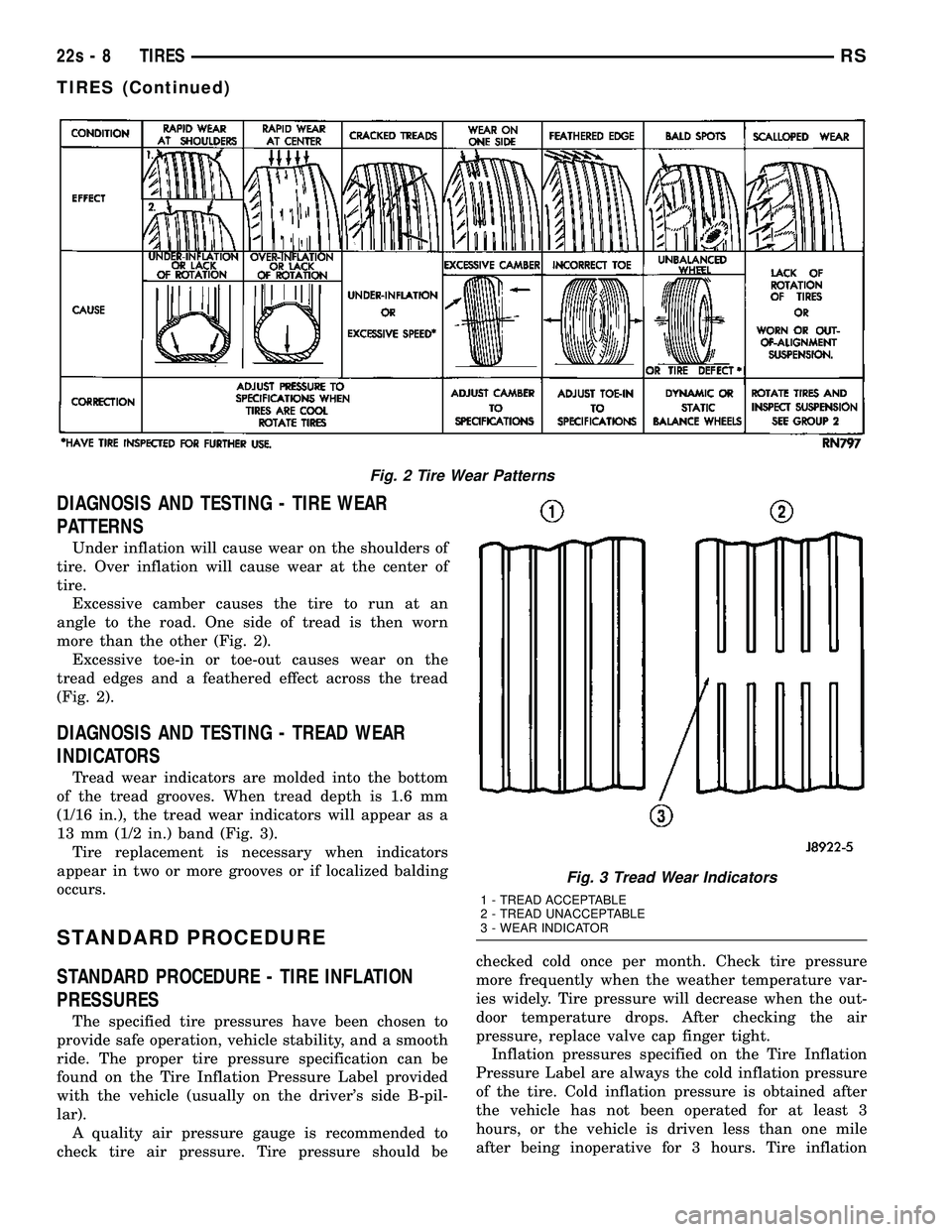 CHRYSLER VOYAGER 2004 Service Manual DIAGNOSIS AND TESTING - TIRE WEAR
PATTERNS
Under inflation will cause wear on the shoulders of
tire. Over inflation will cause wear at the center of
tire. Excessive camber causes the tire to run at an CHRYSLER VOYAGER 2004 Service Manual DIAGNOSIS AND TESTING - TIRE WEAR
PATTERNS
Under inflation will cause wear on the shoulders of
tire. Over inflation will cause wear at the center of
tire. Excessive camber causes the tire to run at an