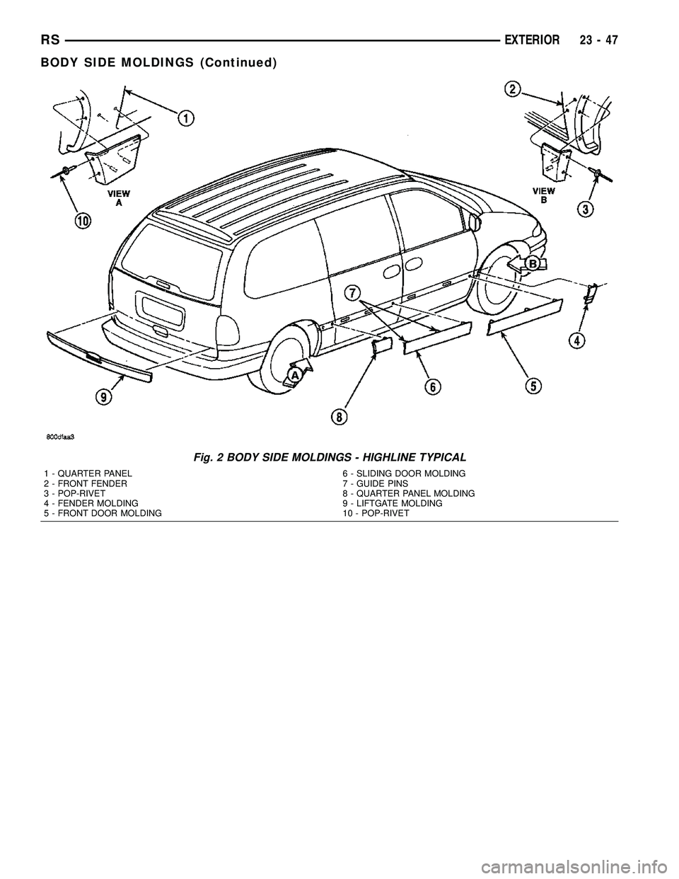 CHRYSLER VOYAGER 2004  Service Manual Fig. 2 BODY SIDE MOLDINGS - HIGHLINE TYPICAL
1 - QUARTER PANEL
2 - FRONT FENDER
3 - POP-RIVET
4 - FENDER MOLDING
5 - FRONT DOOR MOLDING6 - SLIDING DOOR MOLDING
7 - GUIDE PINS
8 - QUARTER PANEL MOLDING