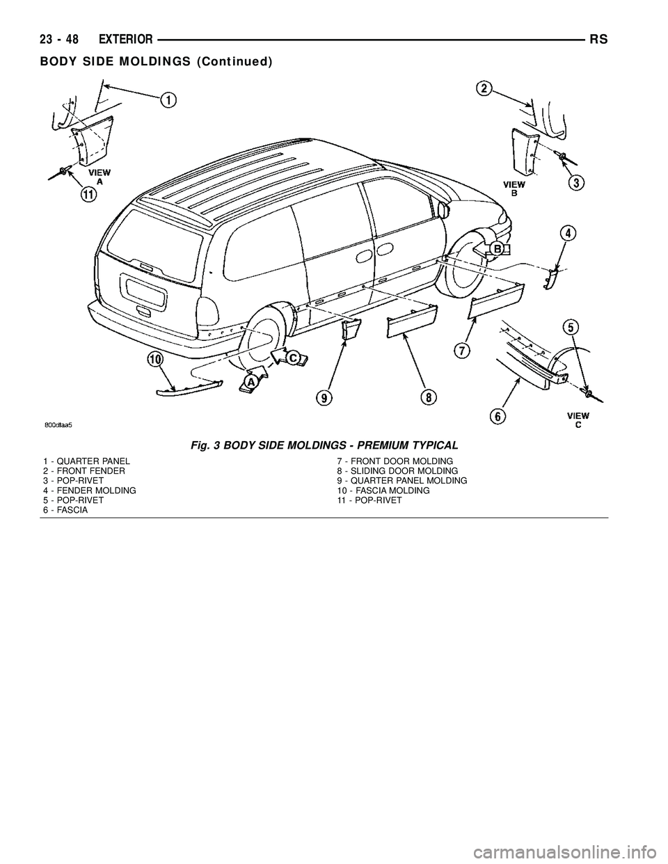 CHRYSLER VOYAGER 2004  Service Manual Fig. 3 BODY SIDE MOLDINGS - PREMIUM TYPICAL
1 - QUARTER PANEL
2 - FRONT FENDER
3 - POP-RIVET
4 - FENDER MOLDING
5 - POP-RIVET
6 - FASCIA7 - FRONT DOOR MOLDING
8 - SLIDING DOOR MOLDING
9 - QUARTER PANE