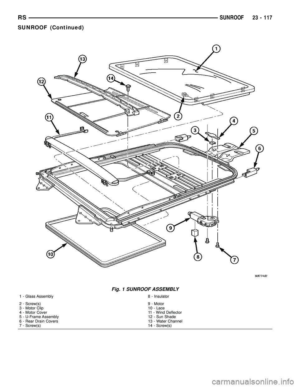 CHRYSLER VOYAGER 2004  Service Manual Fig. 1 SUNROOF ASSEMBLY
1 - Glass Assembly 8 - Insulator
2 - Screw(s) 9 - Motor
3 - Motor Clip 10 - Lace
4 - Motor Cover 11 - Wind Deflector
5 - U-Frame Assembly 12 - Sun Shade
6 - Rear Drain Covers 1
