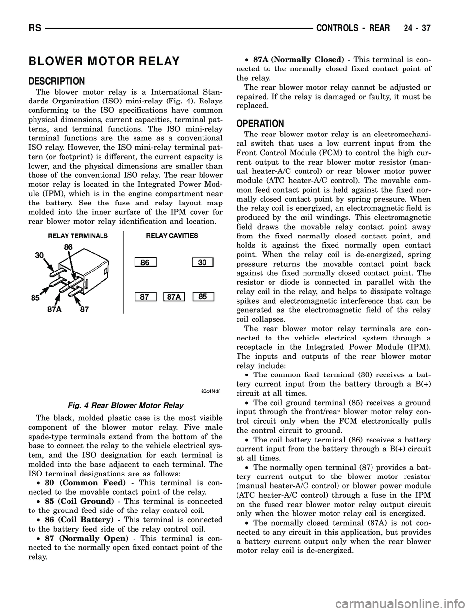 CHRYSLER VOYAGER 2004  Service Manual BLOWER MOTOR RELAY
DESCRIPTION
The blower motor relay is a International Stan-
dards Organization (ISO) mini-relay (Fig. 4). Relays
conforming to the ISO specifications have common
physical dimensions