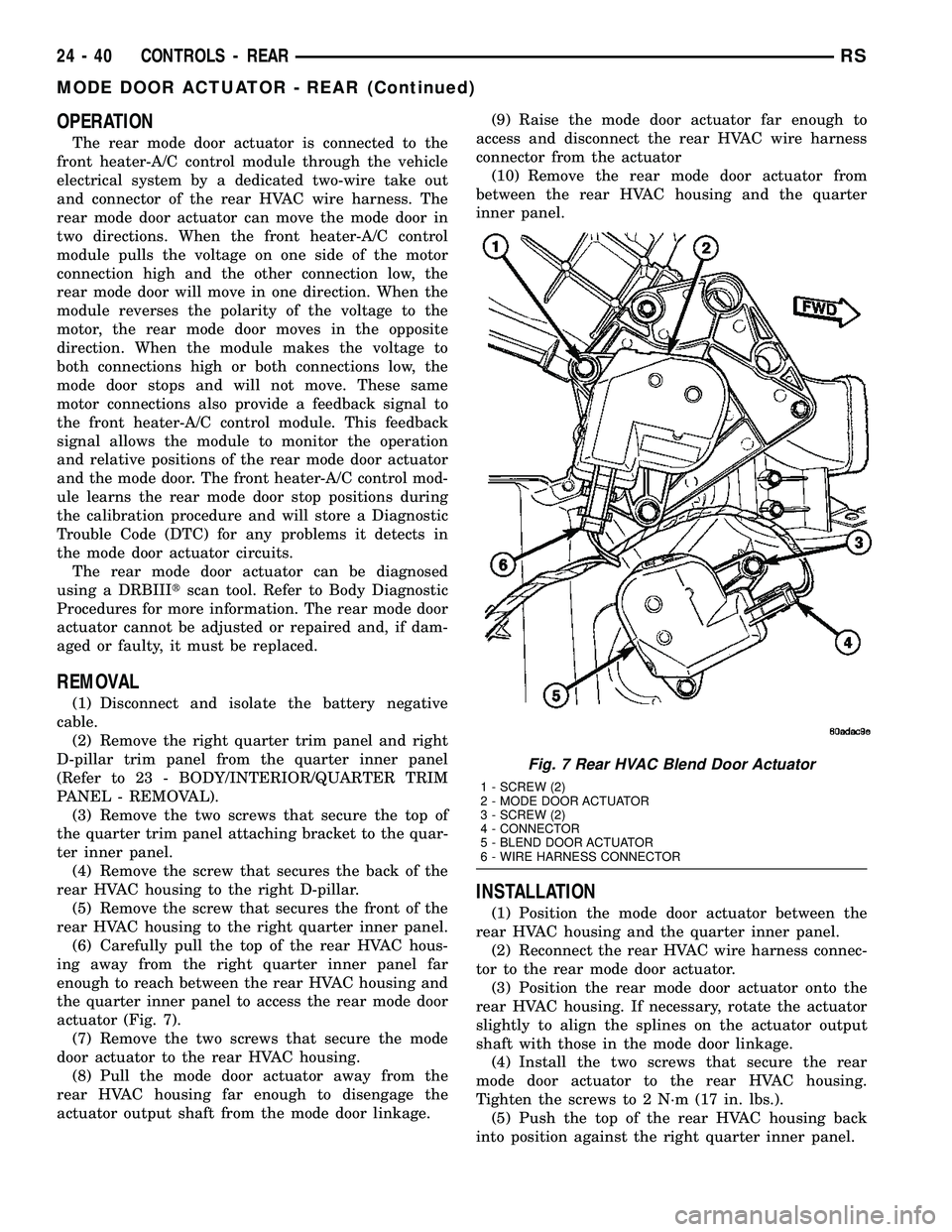 CHRYSLER VOYAGER 2004  Service Manual OPERATION
The rear mode door actuator is connected to the
front heater-A/C control module through the vehicle
electrical system by a dedicated two-wire take out
and connector of the rear HVAC wire har