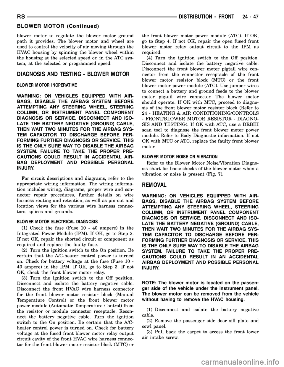 CHRYSLER VOYAGER 2004  Service Manual blower motor to regulate the blower motor ground
path it provides. The blower motor and wheel are
used to control the velocity of air moving through the
HVAC housing by spinning the blower wheel withi