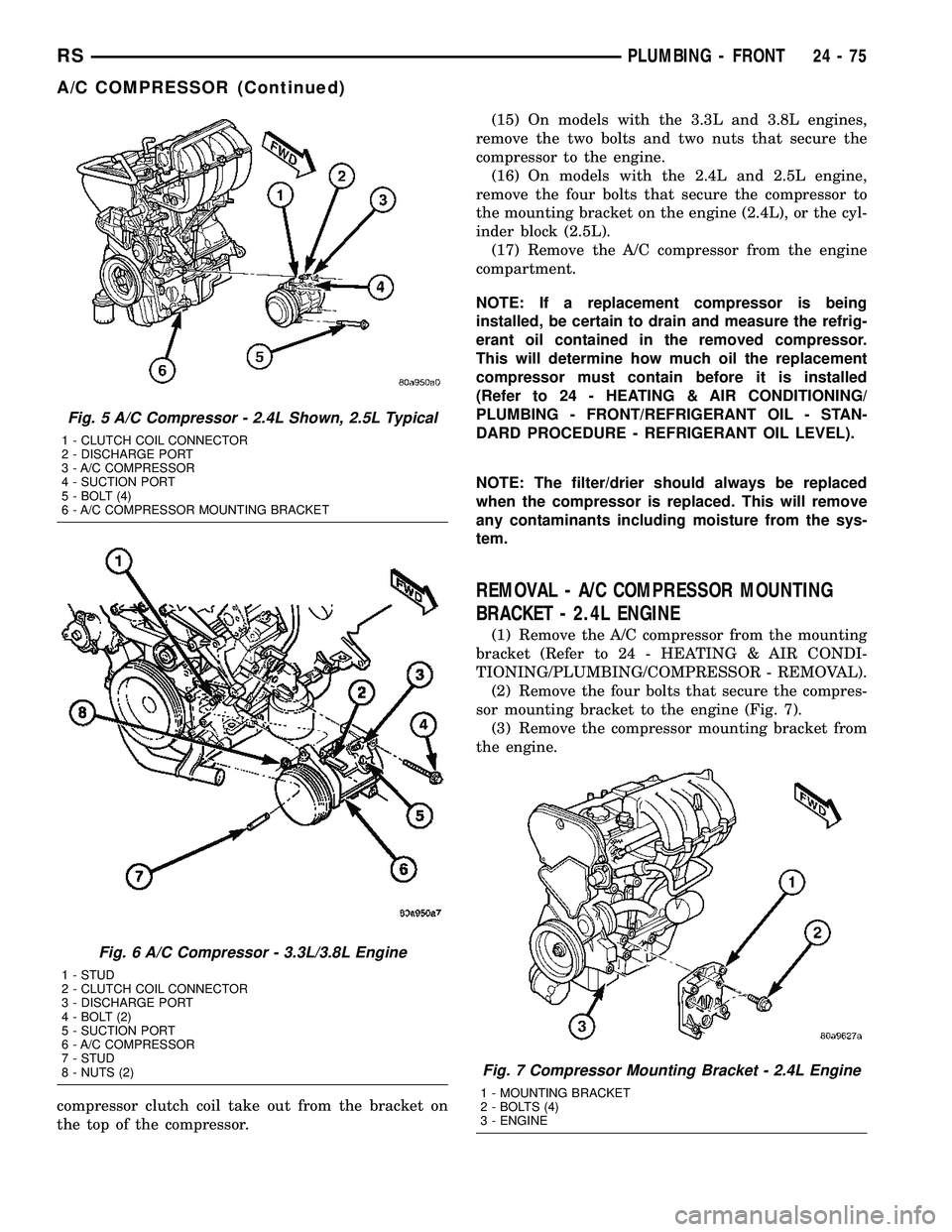 CHRYSLER VOYAGER 2004  Service Manual compressor clutch coil take out from the bracket on
the top of the compressor.(15) On models with the 3.3L and 3.8L engines,
remove the two bolts and two nuts that secure the
compressor to the engine.