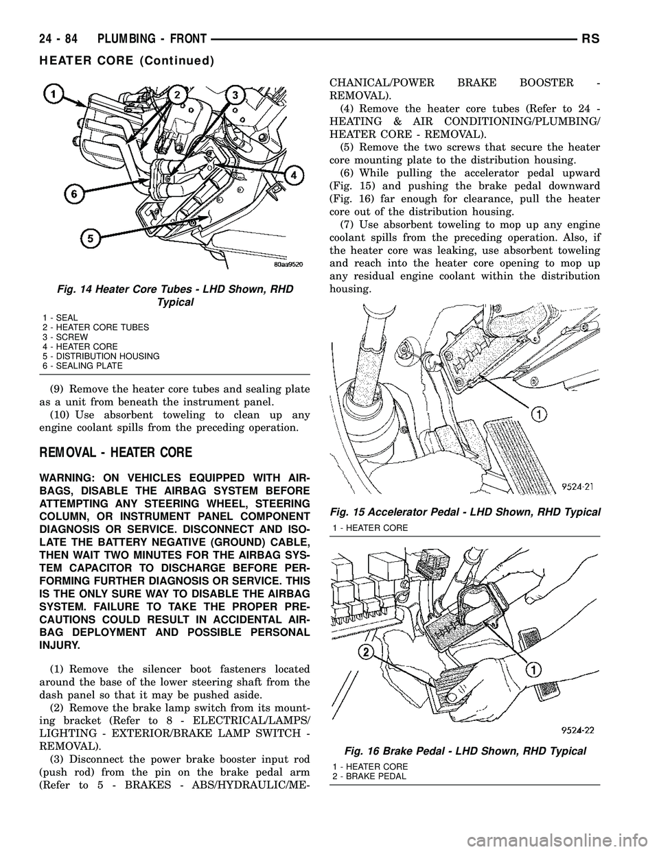 CHRYSLER VOYAGER 2004  Service Manual (9) Remove the heater core tubes and sealing plate
as a unit from beneath the instrument panel.
(10) Use absorbent toweling to clean up any
engine coolant spills from the preceding operation.
REMOVAL 