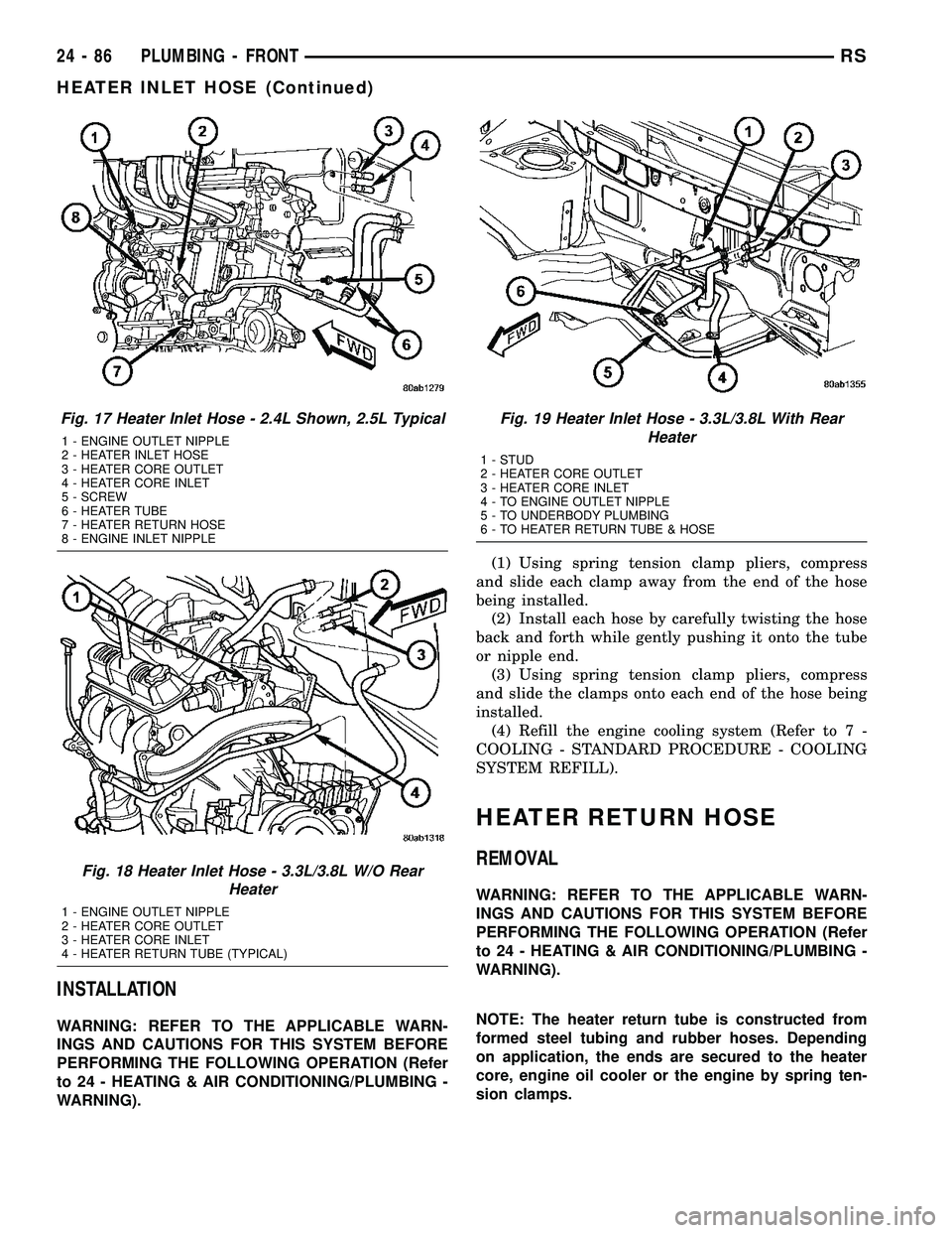 CHRYSLER VOYAGER 2004  Service Manual INSTALLATION
WARNING: REFER TO THE APPLICABLE WARN-
INGS AND CAUTIONS FOR THIS SYSTEM BEFORE
PERFORMING THE FOLLOWING OPERATION (Refer
to 24 - HEATING & AIR CONDITIONING/PLUMBING -
WARNING).(1) Using 