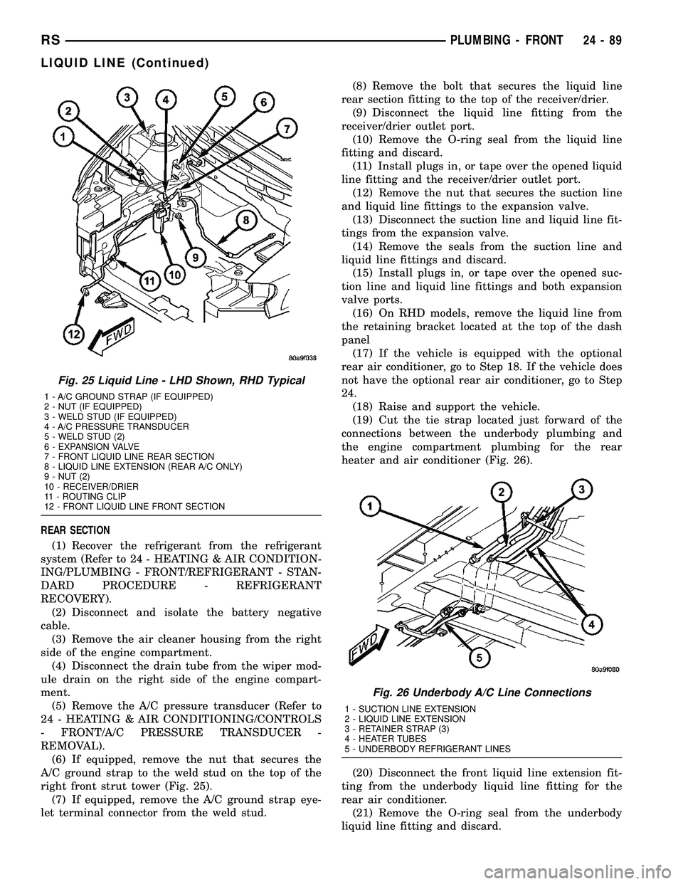 CHRYSLER VOYAGER 2004  Service Manual REAR SECTION
(1) Recover the refrigerant from the refrigerant
system (Refer to 24 - HEATING & AIR CONDITION-
ING/PLUMBING - FRONT/REFRIGERANT - STAN-
DARD PROCEDURE - REFRIGERANT
RECOVERY).
(2) Discon