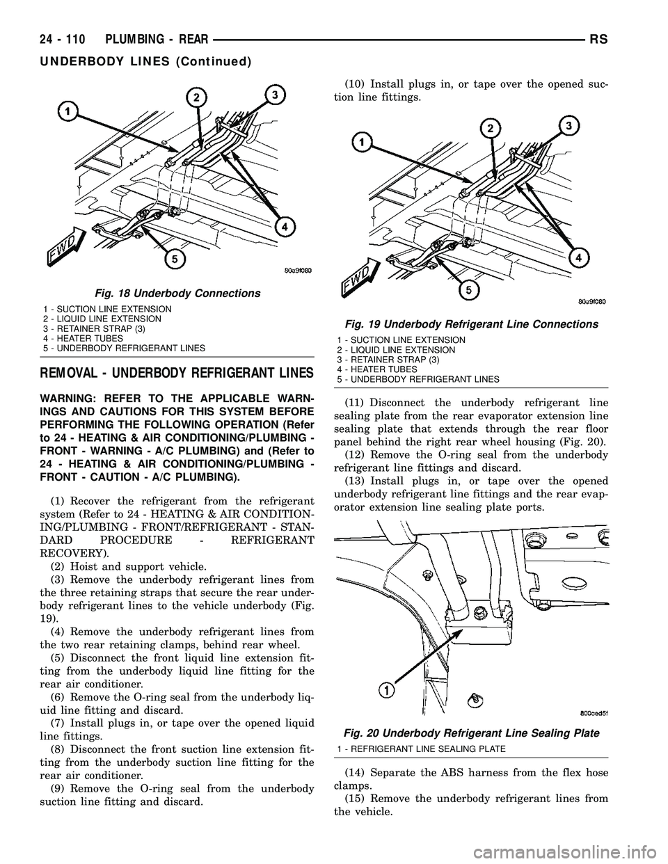 CHRYSLER VOYAGER 2004 Service Manual REMOVAL - UNDERBODY REFRIGERANT LINES
WARNING: REFER TO THE APPLICABLE WARN-
INGS AND CAUTIONS FOR THIS SYSTEM BEFORE
PERFORMING THE FOLLOWING OPERATION (Refer
to 24 - HEATING & AIR CONDITIONING/PLUMB CHRYSLER VOYAGER 2004 Service Manual REMOVAL - UNDERBODY REFRIGERANT LINES
WARNING: REFER TO THE APPLICABLE WARN-
INGS AND CAUTIONS FOR THIS SYSTEM BEFORE
PERFORMING THE FOLLOWING OPERATION (Refer
to 24 - HEATING & AIR CONDITIONING/PLUMB