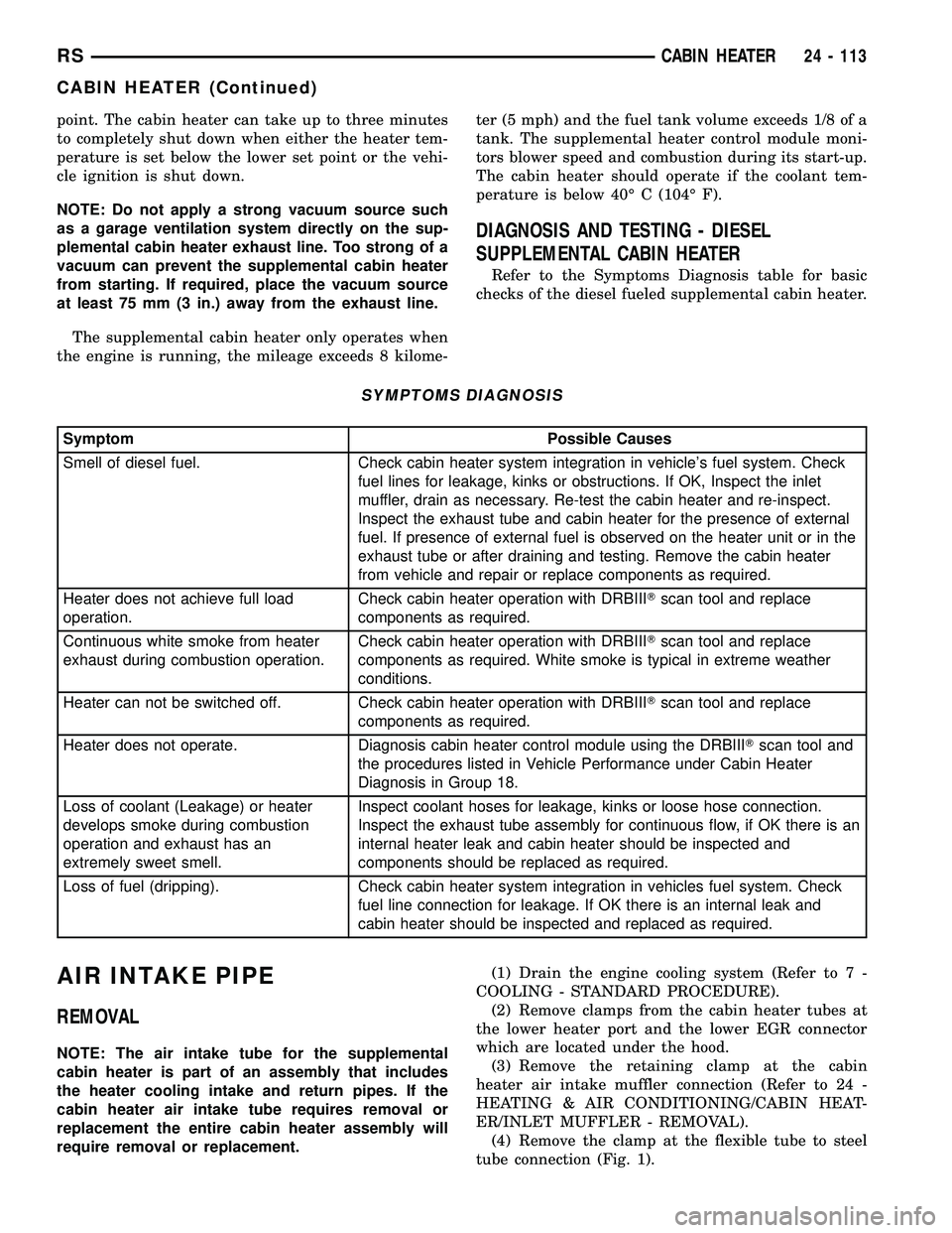 CHRYSLER VOYAGER 2004  Service Manual point. The cabin heater can take up to three minutes
to completely shut down when either the heater tem-
perature is set below the lower set point or the vehi-
cle ignition is shut down.
NOTE: Do not 