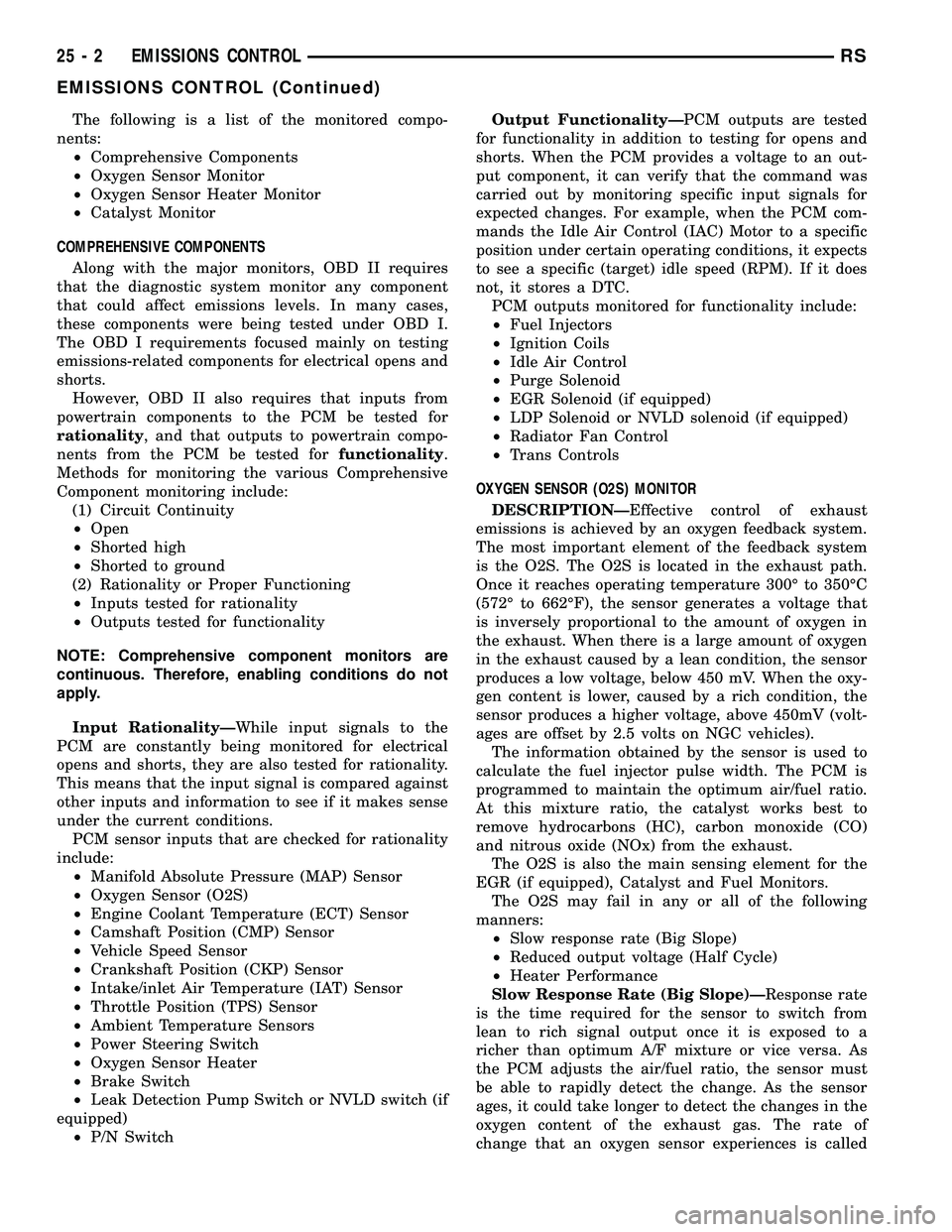 CHRYSLER VOYAGER 2004  Service Manual The following is a list of the monitored compo-
nents:
²Comprehensive Components
²Oxygen Sensor Monitor
²Oxygen Sensor Heater Monitor
²Catalyst Monitor
COMPREHENSIVE COMPONENTS
Along with the majo