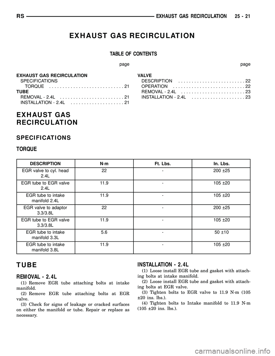CHRYSLER VOYAGER 2004  Service Manual EXHAUST GAS RECIRCULATION
TABLE OF CONTENTS
page page
EXHAUST GAS RECIRCULATION
SPECIFICATIONS
TORQUE............................21
TUBE
REMOVAL - 2.4L........................21
INSTALLATION - 2.4L...