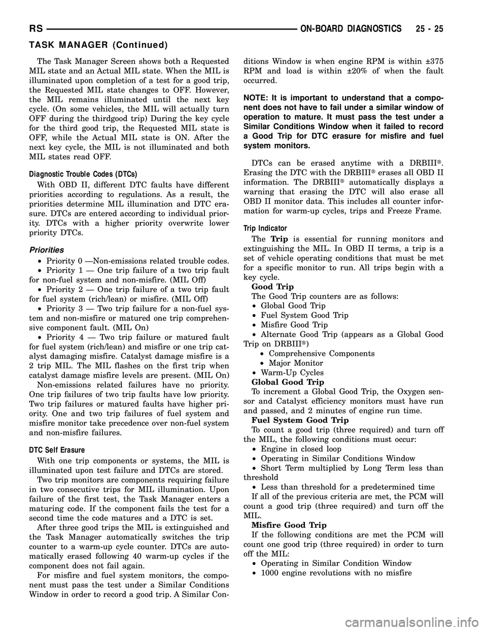 CHRYSLER VOYAGER 2004  Service Manual The Task Manager Screen shows both a Requested
MIL state and an Actual MIL state. When the MIL is
illuminated upon completion of a test for a good trip,
the Requested MIL state changes to OFF. However