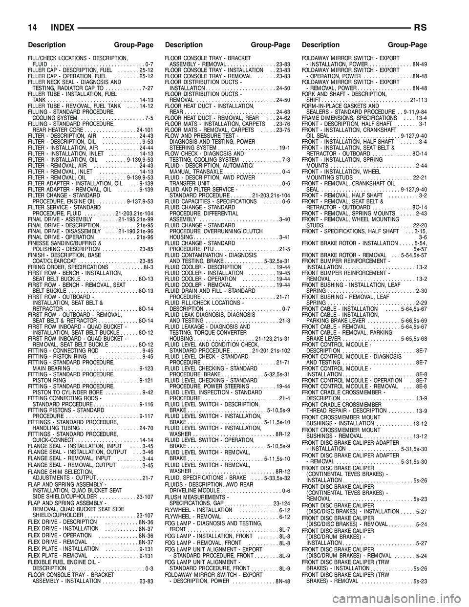 CHRYSLER VOYAGER 2004  Service Manual FILL/CHECK LOCATIONS - DESCRIPTION,
FLUID...............................0-7
FILLER CAP - DESCRIPTION, FUEL.......25-12
FILLER CAP - OPERATION, FUEL........25-12
FILLER NECK SEAL - DIAGNOSIS AND
TESTIN