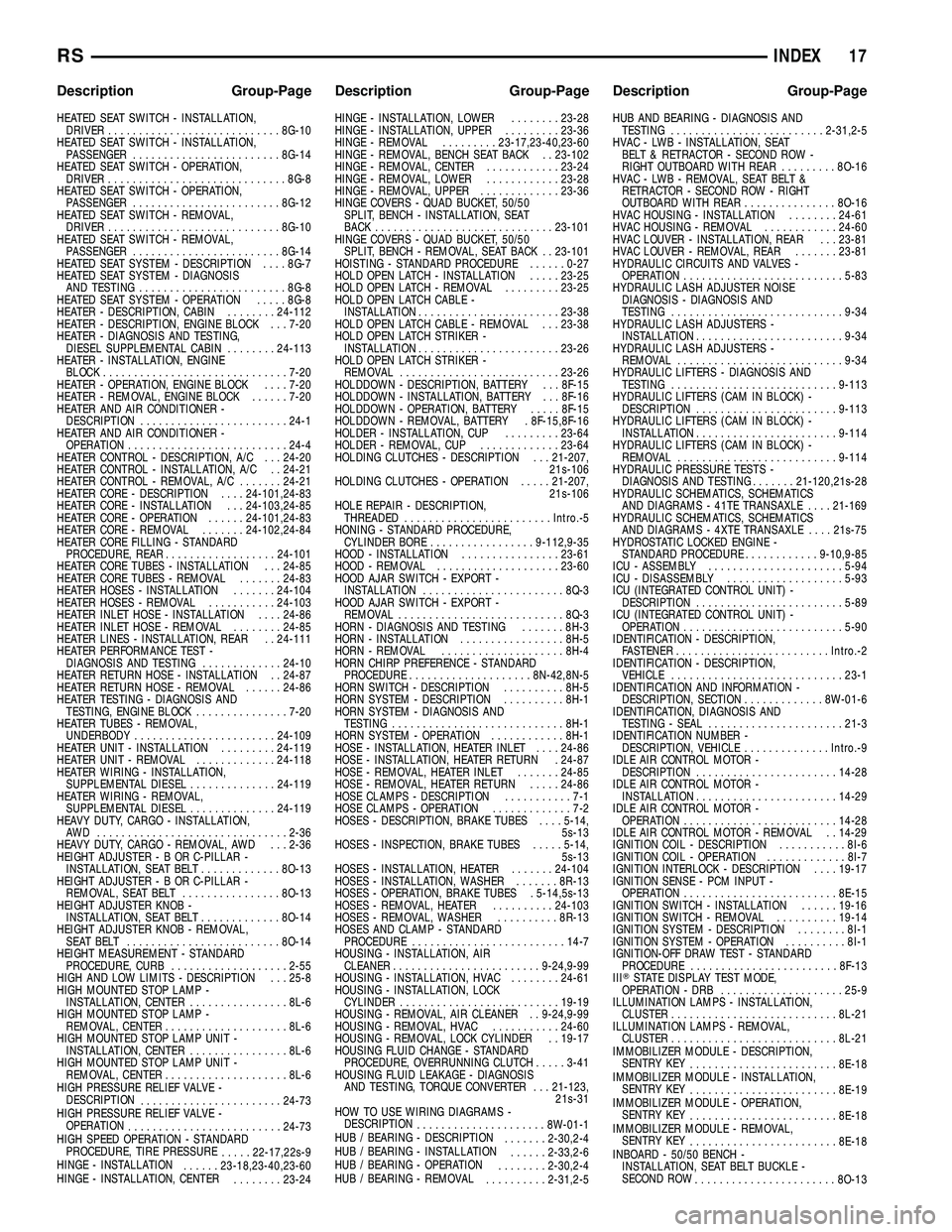 CHRYSLER VOYAGER 2004  Service Manual HEATED SEAT SWITCH - INSTALLATION,
DRIVER............................8G-10
HEATED SEAT SWITCH - INSTALLATION,
PASSENGER........................8G-14
HEATED SEAT SWITCH - OPERATION,
DRIVER.............