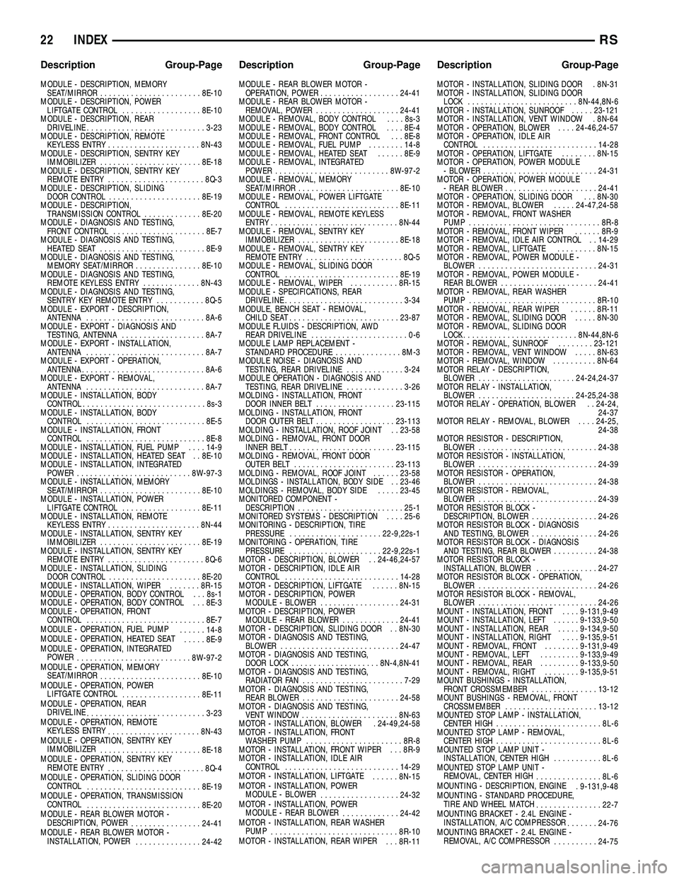 CHRYSLER VOYAGER 2004  Service Manual MODULE - DESCRIPTION, MEMORY
SEAT/MIRROR.......................8E-10
MODULE - DESCRIPTION, POWER
LIFTGATE CONTROL..................8E-10
MODULE - DESCRIPTION, REAR
DRIVELINE...........................