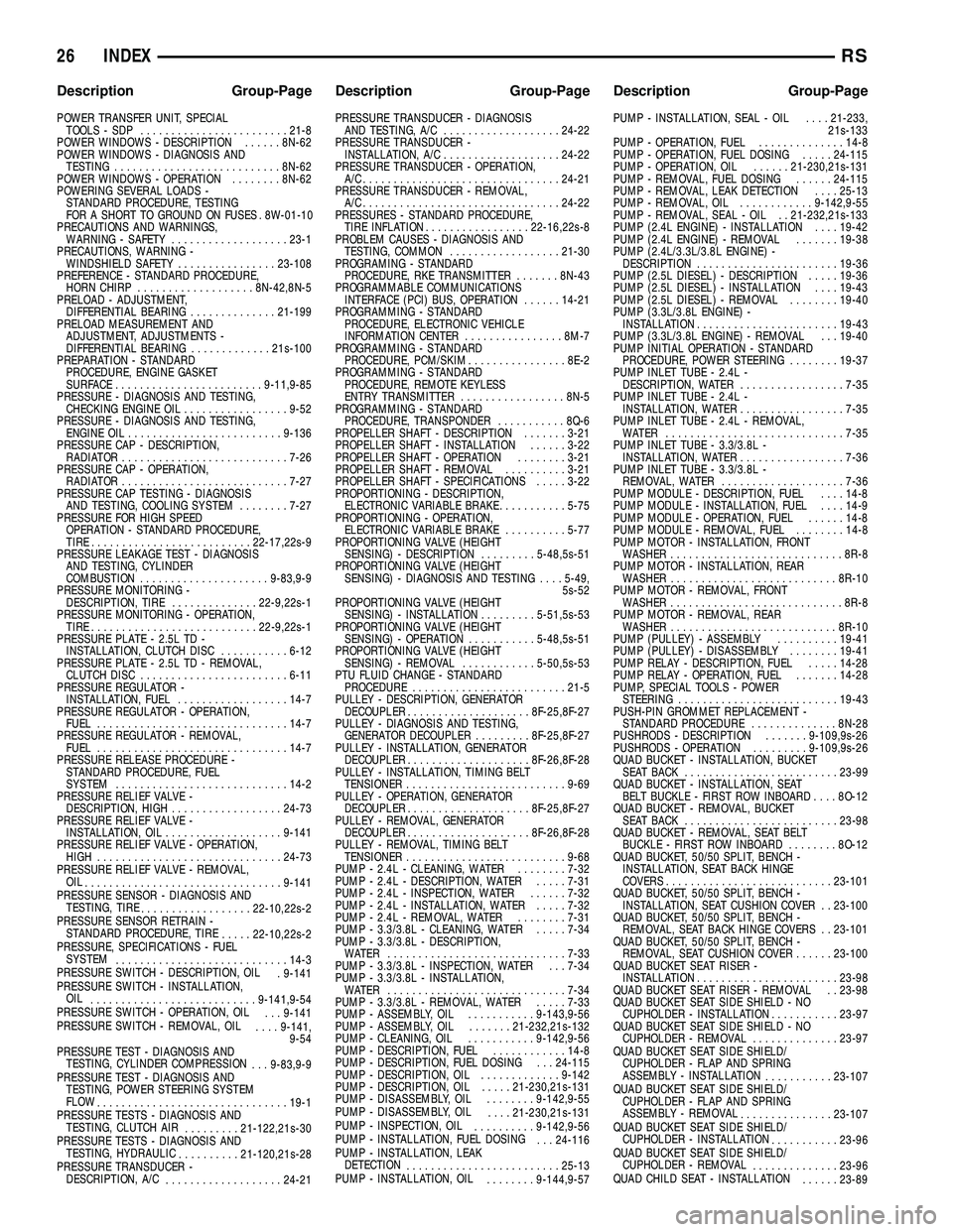 CHRYSLER VOYAGER 2004  Service Manual POWER TRANSFER UNIT, SPECIAL
TOOLS - SDP........................21-8
POWER WINDOWS - DESCRIPTION......8N-62
POWER WINDOWS - DIAGNOSIS AND
TESTING...........................8N-62
POWER WINDOWS - OPERAT