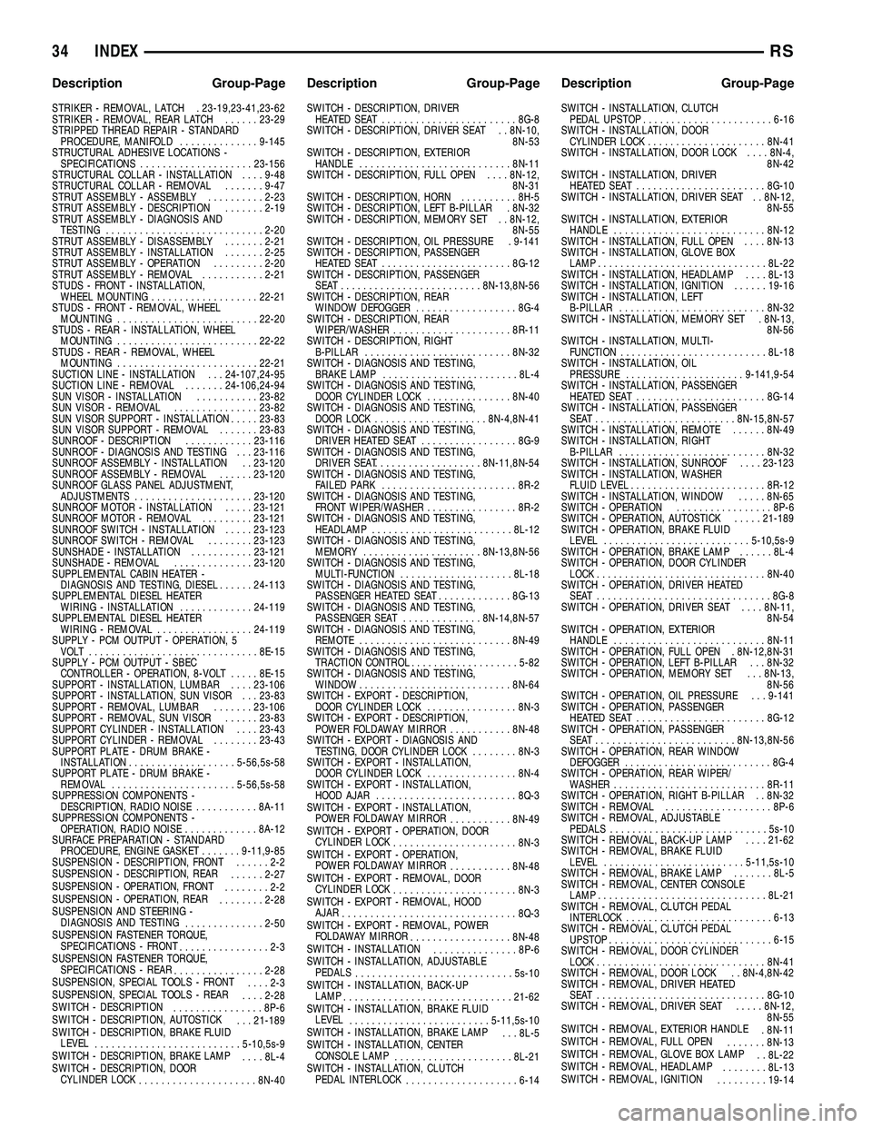 CHRYSLER VOYAGER 2004  Service Manual STRIKER - REMOVAL, LATCH . 23-19,23-41,23-62
STRIKER - REMOVAL, REAR LATCH......23-29
STRIPPED THREAD REPAIR - STANDARD
PROCEDURE, MANIFOLD..............9-145
STRUCTURAL ADHESIVE LOCATIONS -
SPECIFICA