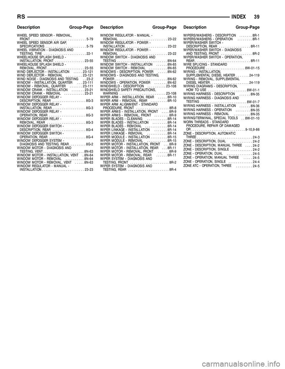 CHRYSLER VOYAGER 2004  Service Manual WHEEL SPEED SENSOR - REMOVAL,
FRONT..............................5-79
WHEEL SPEED SENSOR AIR GAP,
SPECIFICATIONS......................5-79
WHEEL VIBRATION - DIAGNOSIS AND
TESTING, TIRE................