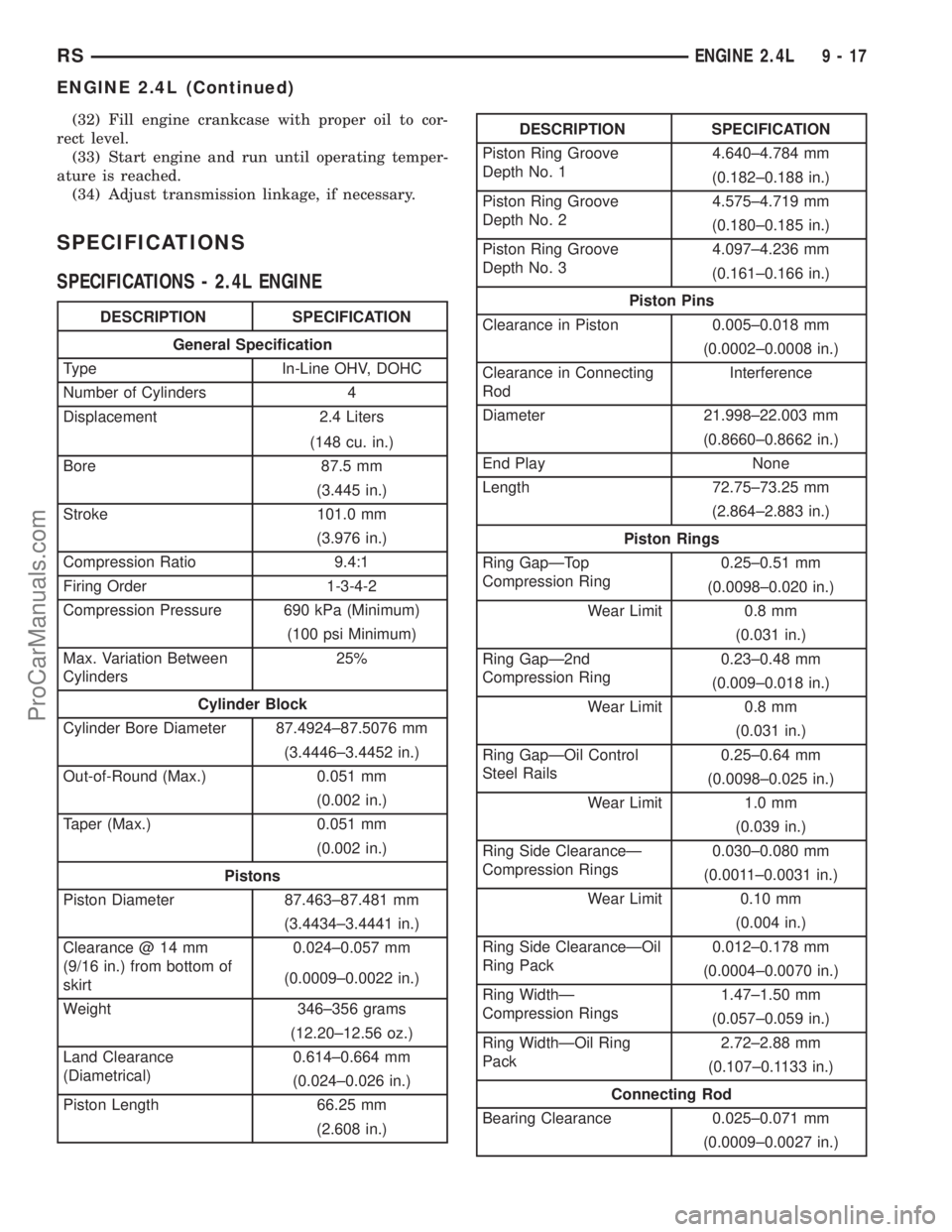 CHRYSLER VOYAGER 2002  Service Manual (32) Fill engine crankcase with proper oil to cor-
rect level.
(33) Start engine and run until operating temper-
ature is reached.
(34) Adjust transmission linkage, if necessary.
SPECIFICATIONS
SPECIF