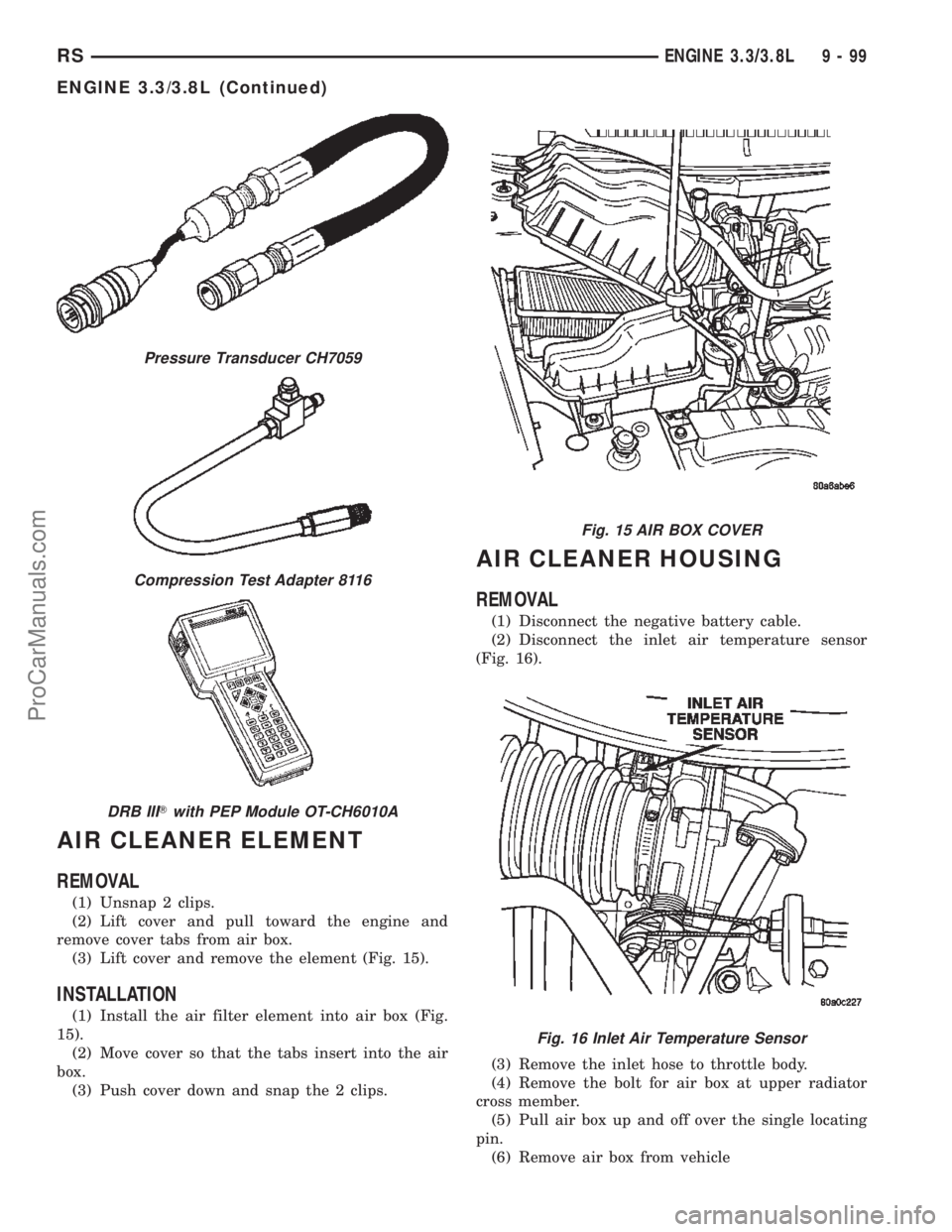 CHRYSLER VOYAGER 2002  Service Manual AIR CLEANER ELEMENT
REMOVAL
(1) Unsnap 2 clips.
(2) Lift cover and pull toward the engine and
remove cover tabs from air box.
(3) Lift cover and remove the element (Fig. 15).
INSTALLATION
(1) Install 