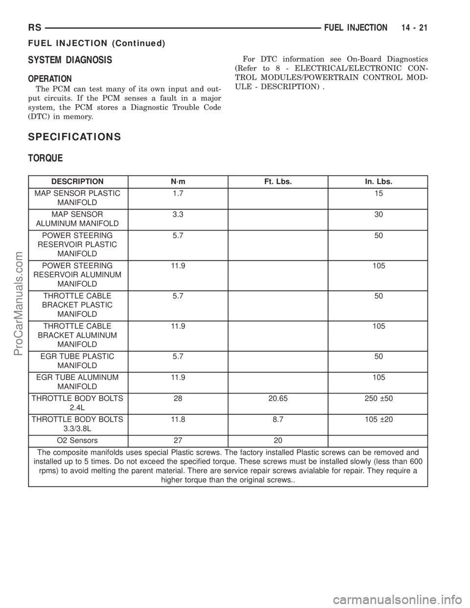 CHRYSLER VOYAGER 2002  Service Manual SYSTEM DIAGNOSIS
OPERATION
The PCM can test many of its own input and out-
put circuits. If the PCM senses a fault in a major
system, the PCM stores a Diagnostic Trouble Code
(DTC) in memory.For DTC i