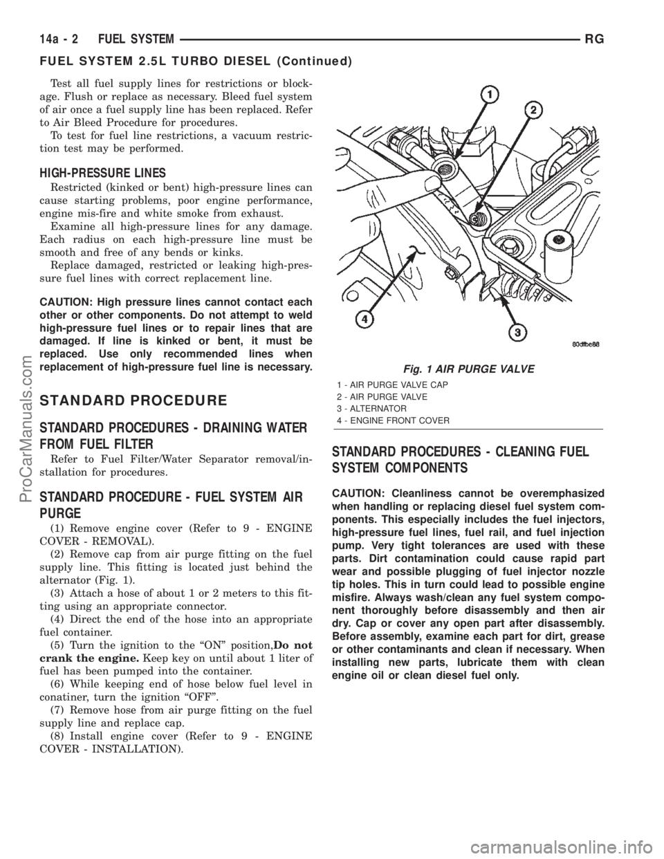CHRYSLER VOYAGER 2002  Service Manual Test all fuel supply lines for restrictions or block-
age. Flush or replace as necessary. Bleed fuel system
of air once a fuel supply line has been replaced. Refer
to Air Bleed Procedure for procedure