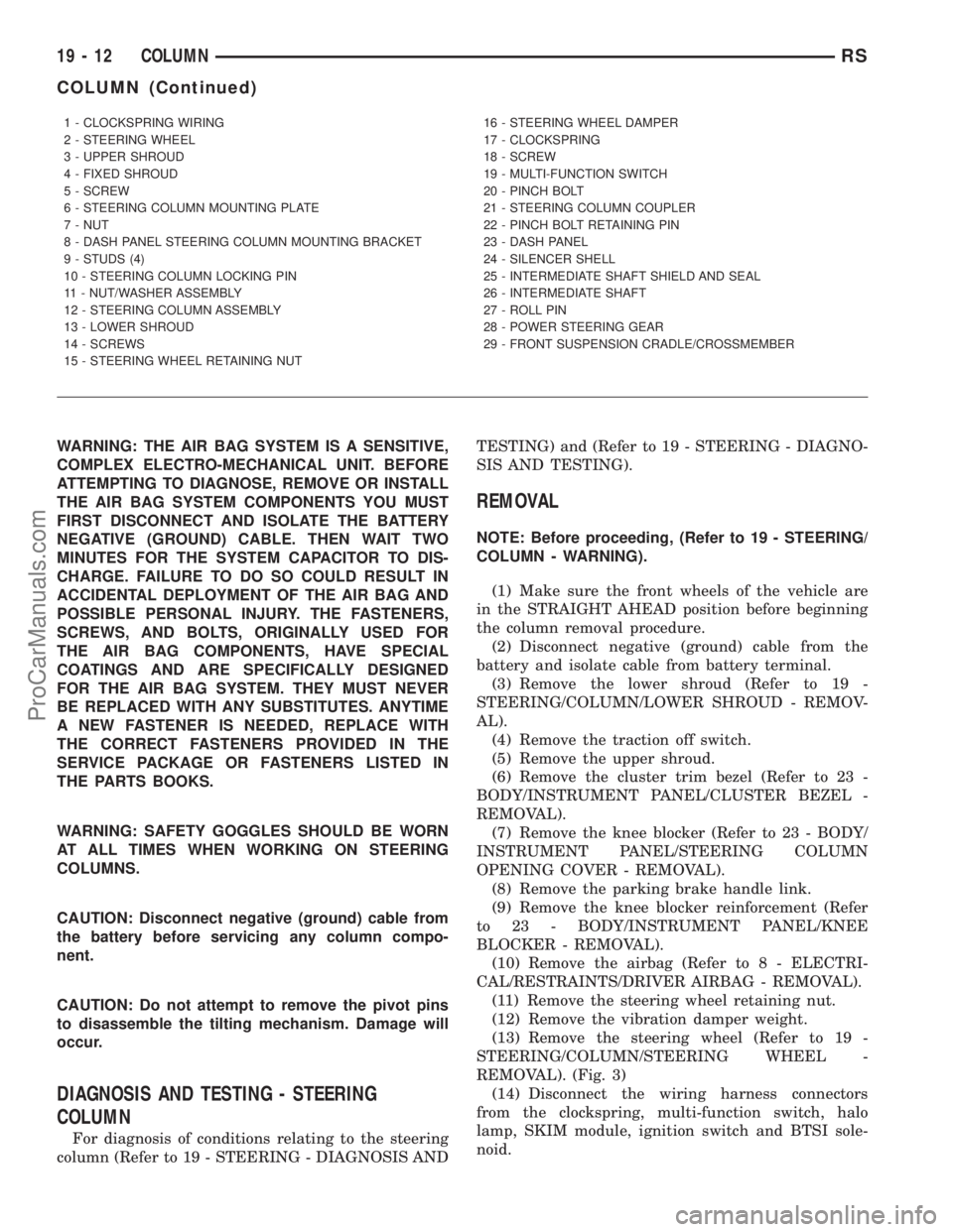 CHRYSLER VOYAGER 2002  Service Manual WARNING: THE AIR BAG SYSTEM IS A SENSITIVE,
COMPLEX ELECTRO-MECHANICAL UNIT. BEFORE
ATTEMPTING TO DIAGNOSE, REMOVE OR INSTALL
THE AIR BAG SYSTEM COMPONENTS YOU MUST
FIRST DISCONNECT AND ISOLATE THE BA