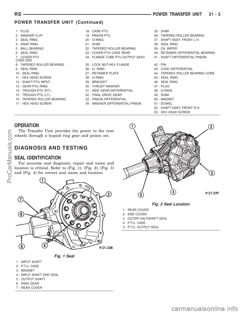 CHRYSLER VOYAGER 2002 Service Manual OPERATION
The Transfer Unit provides the power to the rear
wheels through a hypoid ring gear and pinion set.
DIAGNOSIS AND TESTING
SEAL IDENTIFICATION
For accurate seal diagnosis, repair seal name and CHRYSLER VOYAGER 2002 Service Manual OPERATION
The Transfer Unit provides the power to the rear
wheels through a hypoid ring gear and pinion set.
DIAGNOSIS AND TESTING
SEAL IDENTIFICATION
For accurate seal diagnosis, repair seal name and