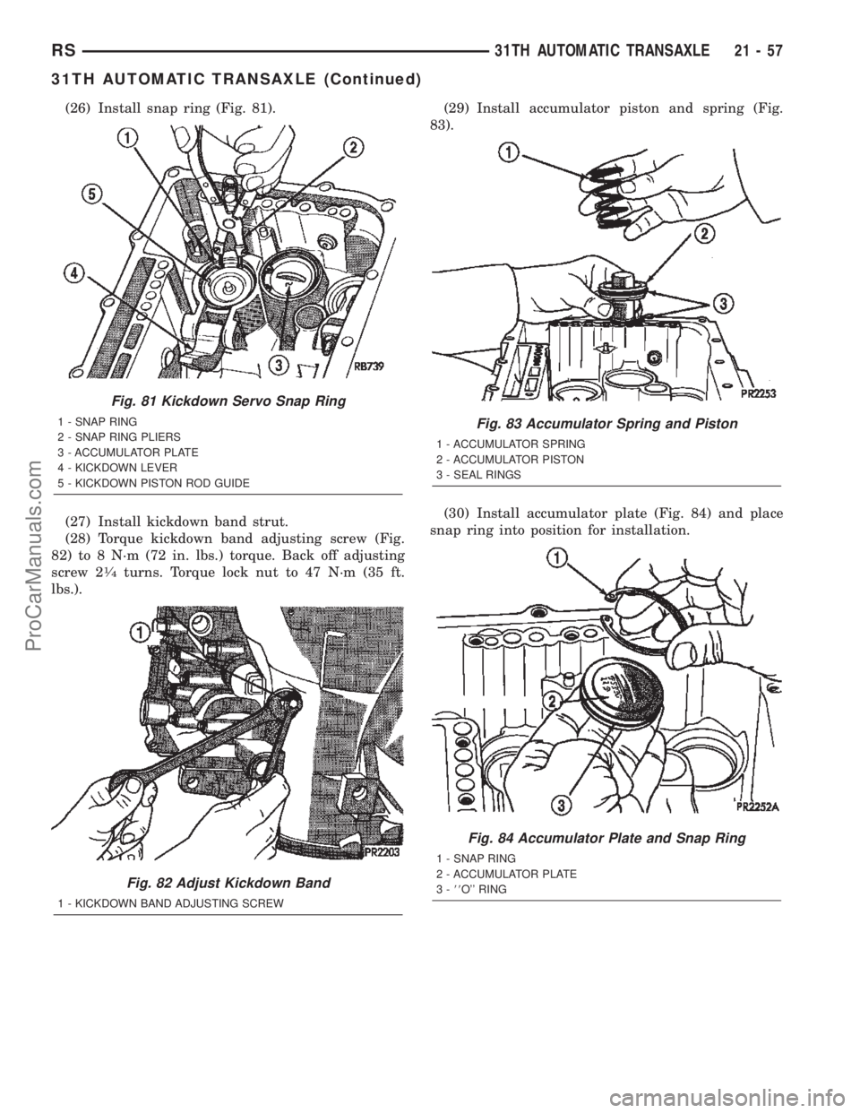 CHRYSLER VOYAGER 2002  Service Manual (26) Install snap ring (Fig. 81).
(27) Install kickdown band strut.
(28) Torque kickdown band adjusting screw (Fig.
82) to 8 N´m (72 in. lbs.) torque. Back off adjusting
screw 2
1¤4turns. Torque loc