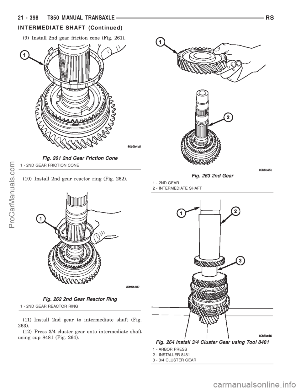 CHRYSLER VOYAGER 2002  Service Manual (9) Install 2nd gear friction cone (Fig. 261).
(10) Install 2nd gear reactor ring (Fig. 262).
(11) Install 2nd gear to intermediate shaft (Fig.
263).
(12) Press 3/4 cluster gear onto intermediate shaf