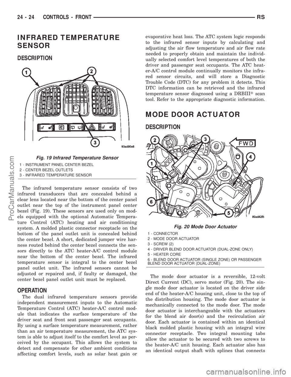 CHRYSLER VOYAGER 2002  Service Manual INFRARED TEMPERATURE
SENSOR
DESCRIPTION
The infrared temperature sensor consists of two
infrared transducers that are concealed behind a
clear lens located near the bottom of the center panel
outlet n