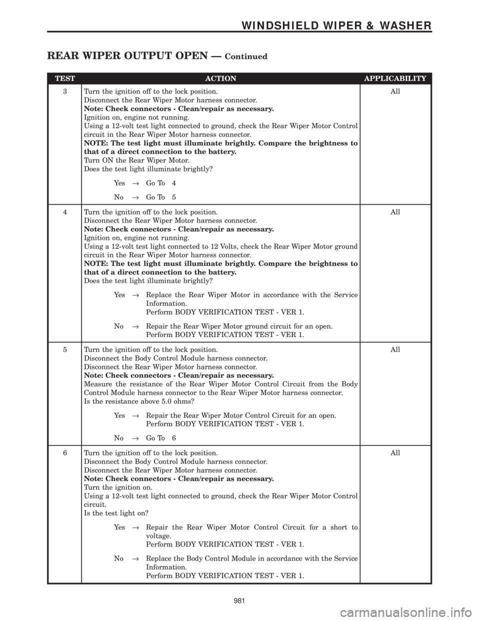 CHRYSLER VOYAGER 2001  Service Manual TEST ACTION APPLICABILITY
3 Turn the ignition off to the lock position.
Disconnect the Rear Wiper Motor harness connector.
Note: Check connectors - Clean/repair as necessary.
Ignition on, engine not r