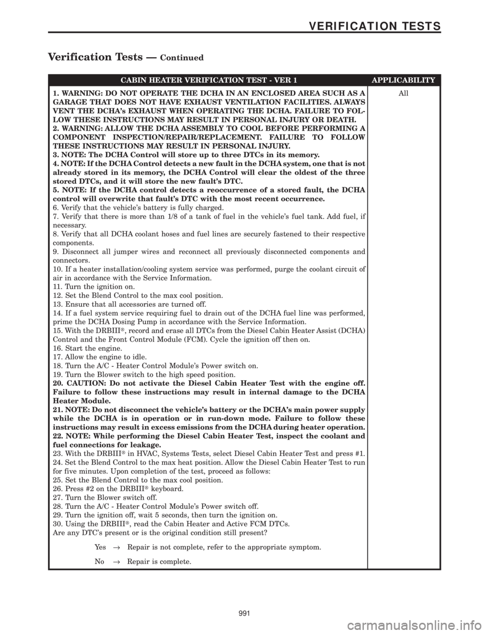 CHRYSLER VOYAGER 2001  Service Manual CABIN HEATER VERIFICATION TEST - VER 1 APPLICABILITY
1. WARNING: DO NOT OPERATE THE DCHA IN AN ENCLOSED AREA SUCH AS A
GARAGE THAT DOES NOT HAVE EXHAUST VENTILATION FACILITIES. ALWAYS
VENT THE DCHAs 