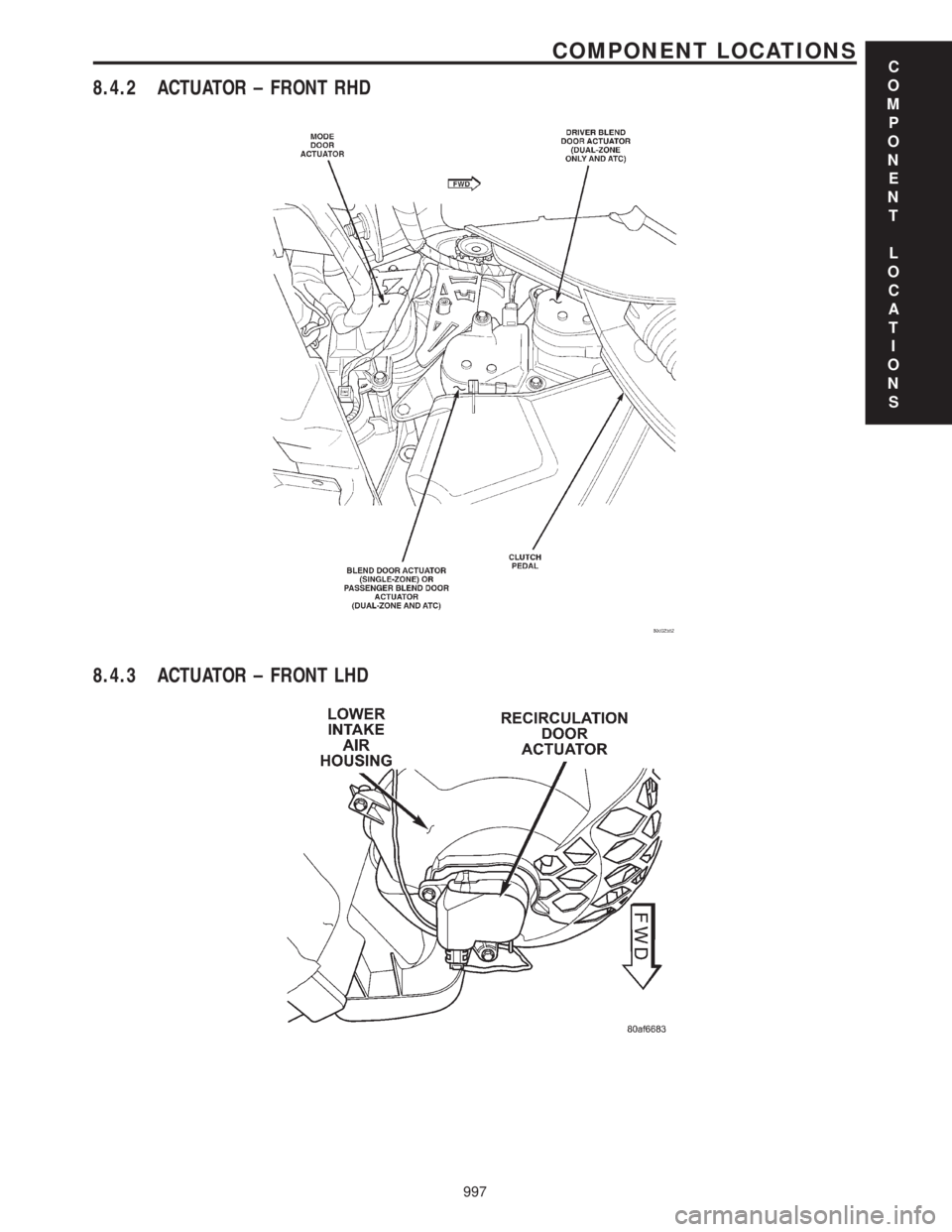 CHRYSLER VOYAGER 2001  Service Manual 8.4.2 ACTUATOR ± FRONT RHD
8.4.3 ACTUATOR ± FRONT LHD
C
O
M
P
O
N
E
N
T
L
O
C
A
T
I
O
N
S
997
COMPONENT LOCATIONS 