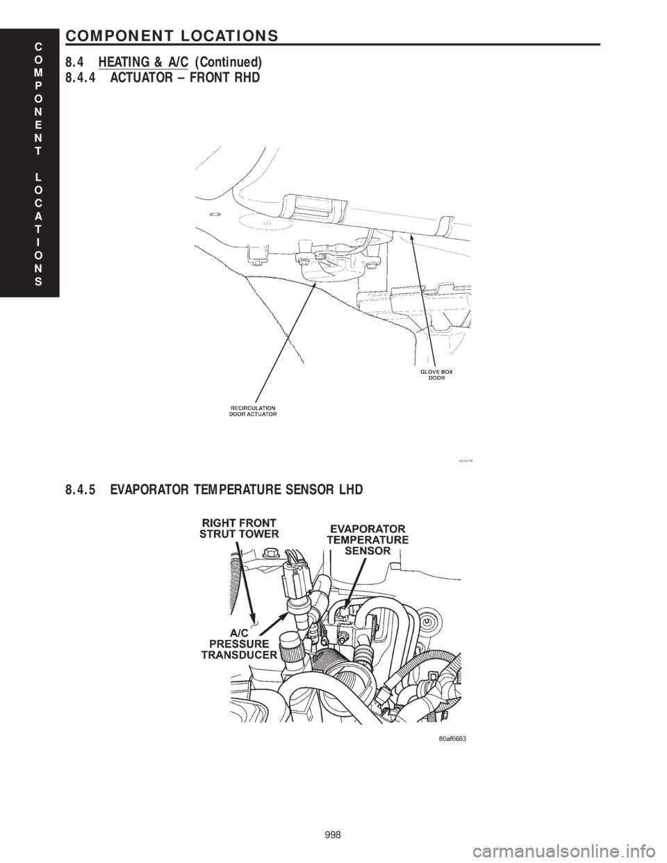 CHRYSLER VOYAGER 2001  Service Manual 8.4.4 ACTUATOR ± FRONT RHD
8.4.5 EVAPORATOR TEMPERATURE SENSOR LHD
C
O
M
P
O
N
E
N
T
L
O
C
A
T
I
O
N
S
998
COMPONENT LOCATIONS
8.4 HEATING & A/C (Continued) 