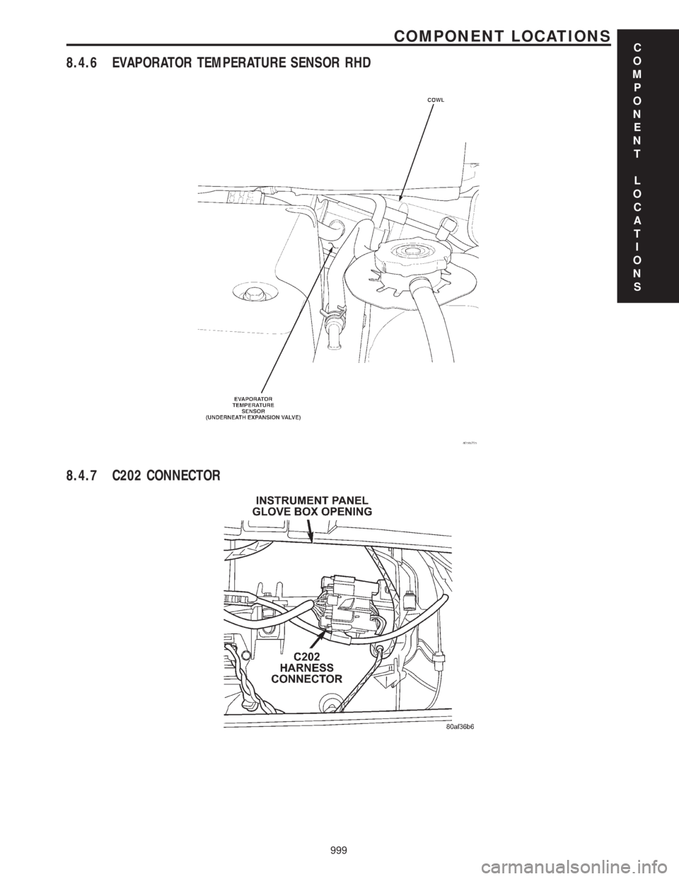 CHRYSLER VOYAGER 2001  Service Manual 8.4.6 EVAPORATOR TEMPERATURE SENSOR RHD
8.4.7 C202 CONNECTOR
C
O
M
P
O
N
E
N
T
L
O
C
A
T
I
O
N
S
999
COMPONENT LOCATIONS 