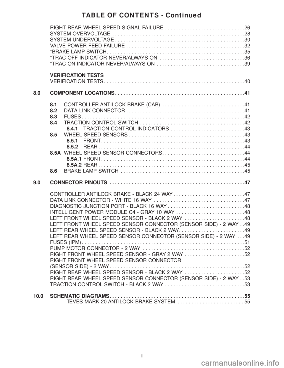CHRYSLER VOYAGER 2001 Service Manual TABLE OF CONTENTS - Continued
RIGHT REAR WHEEL SPEED SIGNAL FAILURE.............................26
SYSTEM OVERVOLTAGE................................................28
SYSTEM UNDERVOLTAGE............. CHRYSLER VOYAGER 2001 Service Manual TABLE OF CONTENTS - Continued
RIGHT REAR WHEEL SPEED SIGNAL FAILURE.............................26
SYSTEM OVERVOLTAGE................................................28
SYSTEM UNDERVOLTAGE.............