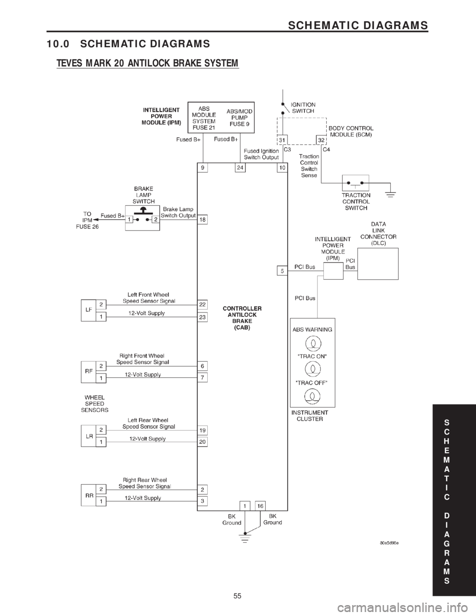 CHRYSLER VOYAGER 2001  Service Manual 10.0 SCHEMATIC DIAGRAMS
TEVES MARK 20 ANTILOCK BRAKE SYSTEM
S
C
H
E
M
A
T
I
C
D
I
A
G
R
A
M
S
55
SCHEMATIC DIAGRAMS 