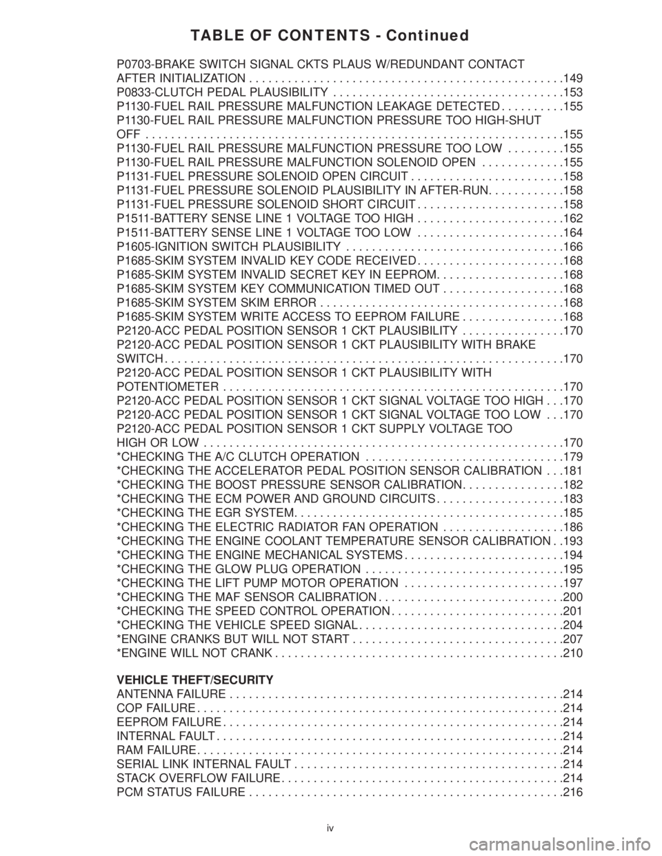 CHRYSLER VOYAGER 2001 Service Manual TABLE OF CONTENTS - Continued
P0703-BRAKE SWITCH SIGNAL CKTS PLAUS W/REDUNDANT CONTACT
AFTER INITIALIZATION.................................................149
P0833-CLUTCH PEDAL PLAUSIBILITY......... CHRYSLER VOYAGER 2001 Service Manual TABLE OF CONTENTS - Continued
P0703-BRAKE SWITCH SIGNAL CKTS PLAUS W/REDUNDANT CONTACT
AFTER INITIALIZATION.................................................149
P0833-CLUTCH PEDAL PLAUSIBILITY.........