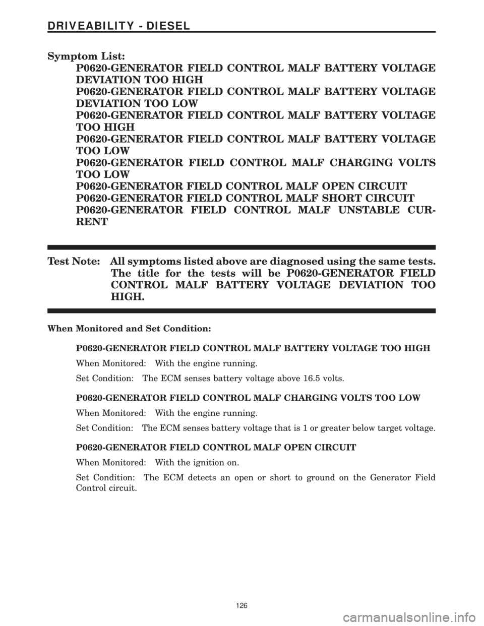 CHRYSLER VOYAGER 2001 Service Manual Symptom List:
P0620-GENERATOR FIELD CONTROL MALF BATTERY VOLTAGE
DEVIATION TOO HIGH
P0620-GENERATOR FIELD CONTROL MALF BATTERY VOLTAGE
DEVIATION TOO LOW
P0620-GENERATOR FIELD CONTROL MALF BATTERY VOLT CHRYSLER VOYAGER 2001 Service Manual Symptom List:
P0620-GENERATOR FIELD CONTROL MALF BATTERY VOLTAGE
DEVIATION TOO HIGH
P0620-GENERATOR FIELD CONTROL MALF BATTERY VOLTAGE
DEVIATION TOO LOW
P0620-GENERATOR FIELD CONTROL MALF BATTERY VOLT