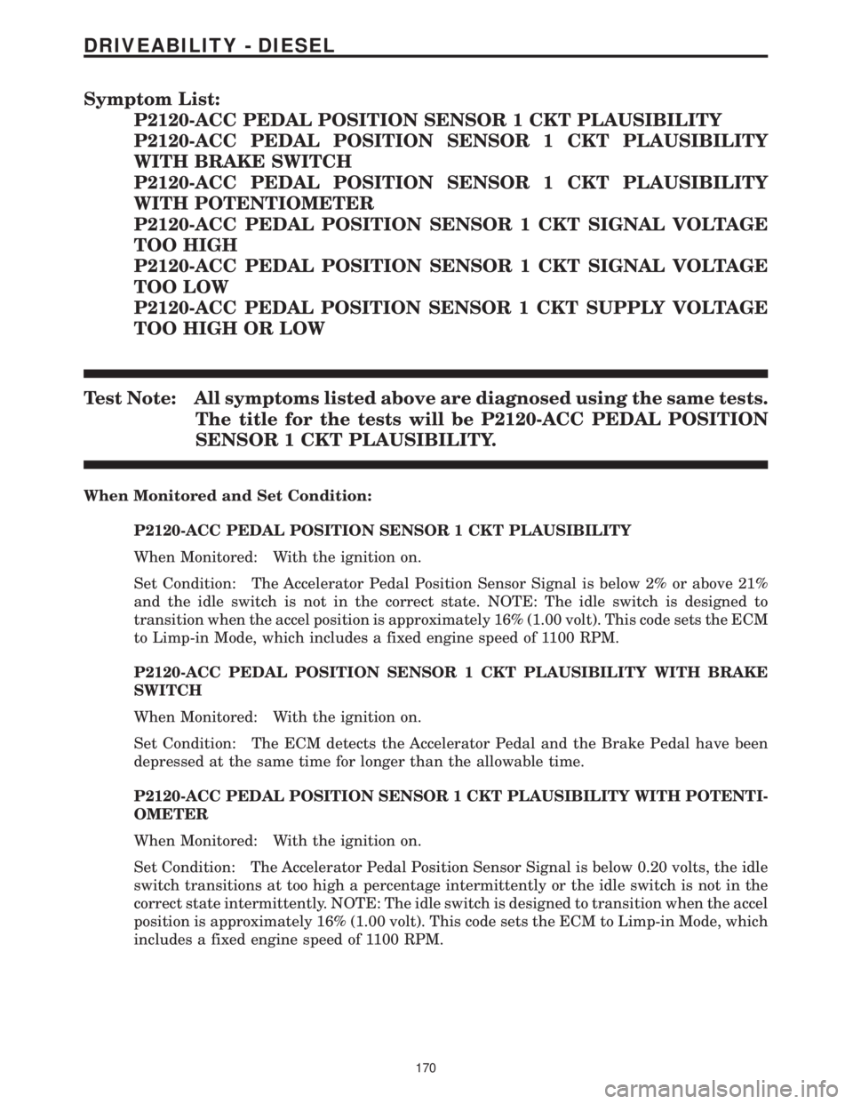 CHRYSLER VOYAGER 2001 Service Manual Symptom List:
P2120-ACC PEDAL POSITION SENSOR 1 CKT PLAUSIBILITY
P2120-ACC PEDAL POSITION SENSOR 1 CKT PLAUSIBILITY
WITH BRAKE SWITCH
P2120-ACC PEDAL POSITION SENSOR 1 CKT PLAUSIBILITY
WITH POTENTIOME CHRYSLER VOYAGER 2001 Service Manual Symptom List:
P2120-ACC PEDAL POSITION SENSOR 1 CKT PLAUSIBILITY
P2120-ACC PEDAL POSITION SENSOR 1 CKT PLAUSIBILITY
WITH BRAKE SWITCH
P2120-ACC PEDAL POSITION SENSOR 1 CKT PLAUSIBILITY
WITH POTENTIOME