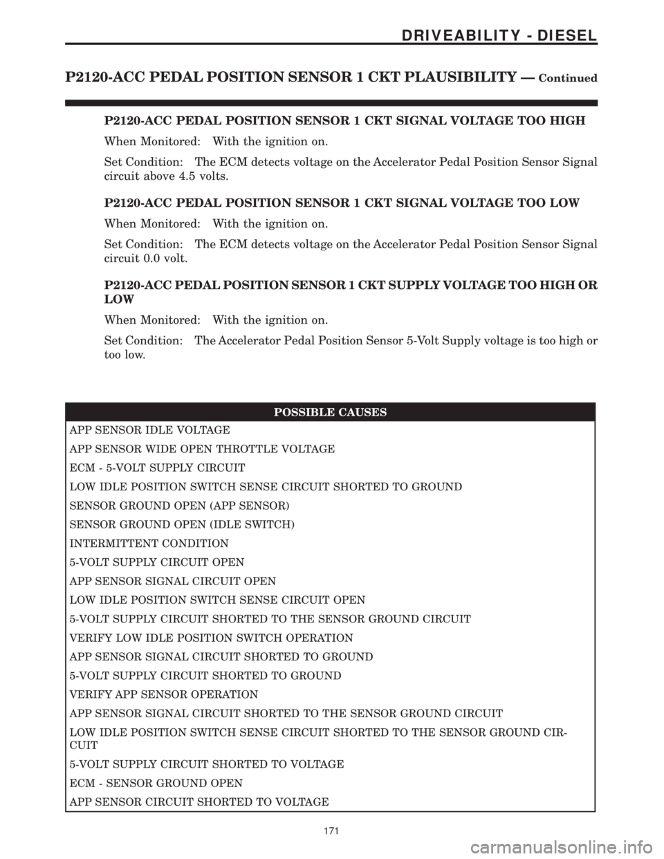 CHRYSLER VOYAGER 2001  Service Manual P2120-ACC PEDAL POSITION SENSOR 1 CKT SIGNAL VOLTAGE TOO HIGH
When Monitored: With the ignition on.
Set Condition: The ECM detects voltage on the Accelerator Pedal Position Sensor Signal
circuit above