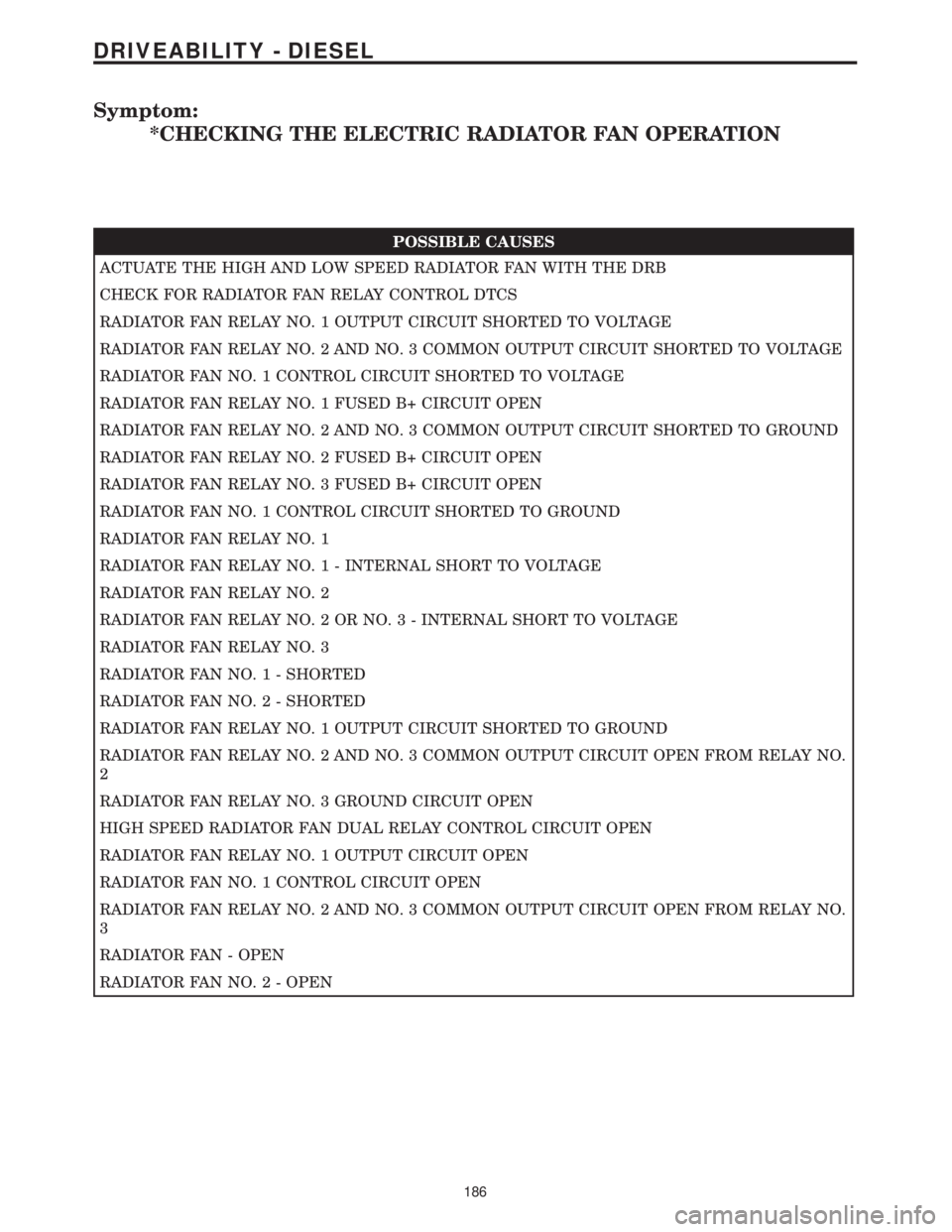 CHRYSLER VOYAGER 2001  Service Manual Symptom:
*CHECKING THE ELECTRIC RADIATOR FAN OPERATION
POSSIBLE CAUSES
ACTUATE THE HIGH AND LOW SPEED RADIATOR FAN WITH THE DRB
CHECK FOR RADIATOR FAN RELAY CONTROL DTCS
RADIATOR FAN RELAY NO. 1 OUTPU