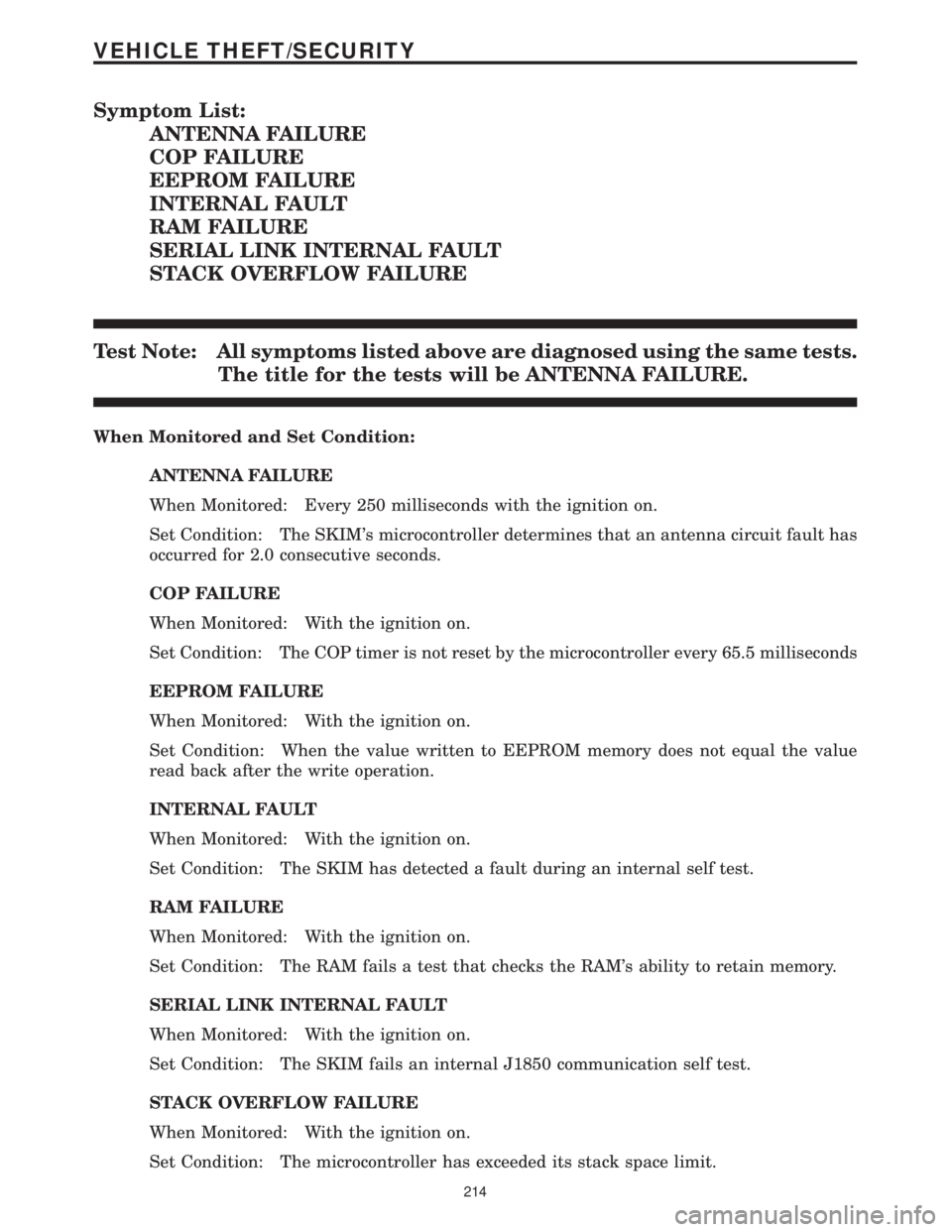 CHRYSLER VOYAGER 2001  Service Manual Symptom List:
ANTENNA FAILURE
COP FAILURE
EEPROM FAILURE
INTERNAL FAULT
RAM FAILURE
SERIAL LINK INTERNAL FAULT
STACK OVERFLOW FAILURE
Test Note: All symptoms listed above are diagnosed using the same 