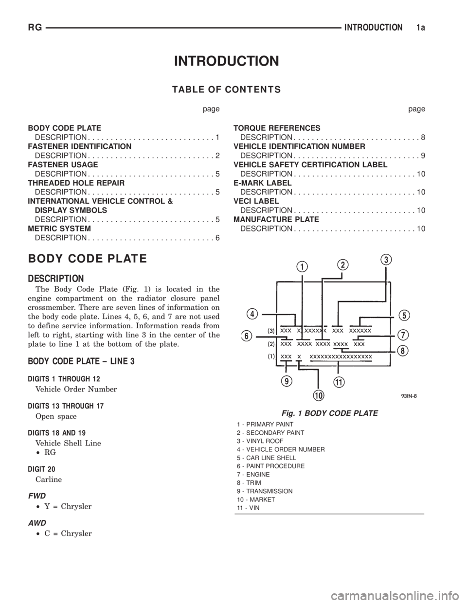 CHRYSLER VOYAGER 2001 Service Manual INTRODUCTION
TABLE OF CONTENTS
page page
BODY CODE PLATE
DESCRIPTION............................1
FASTENER IDENTIFICATION
DESCRIPTION............................2
FASTENER USAGE
DESCRIPTION........... CHRYSLER VOYAGER 2001 Service Manual INTRODUCTION
TABLE OF CONTENTS
page page
BODY CODE PLATE
DESCRIPTION............................1
FASTENER IDENTIFICATION
DESCRIPTION............................2
FASTENER USAGE
DESCRIPTION...........