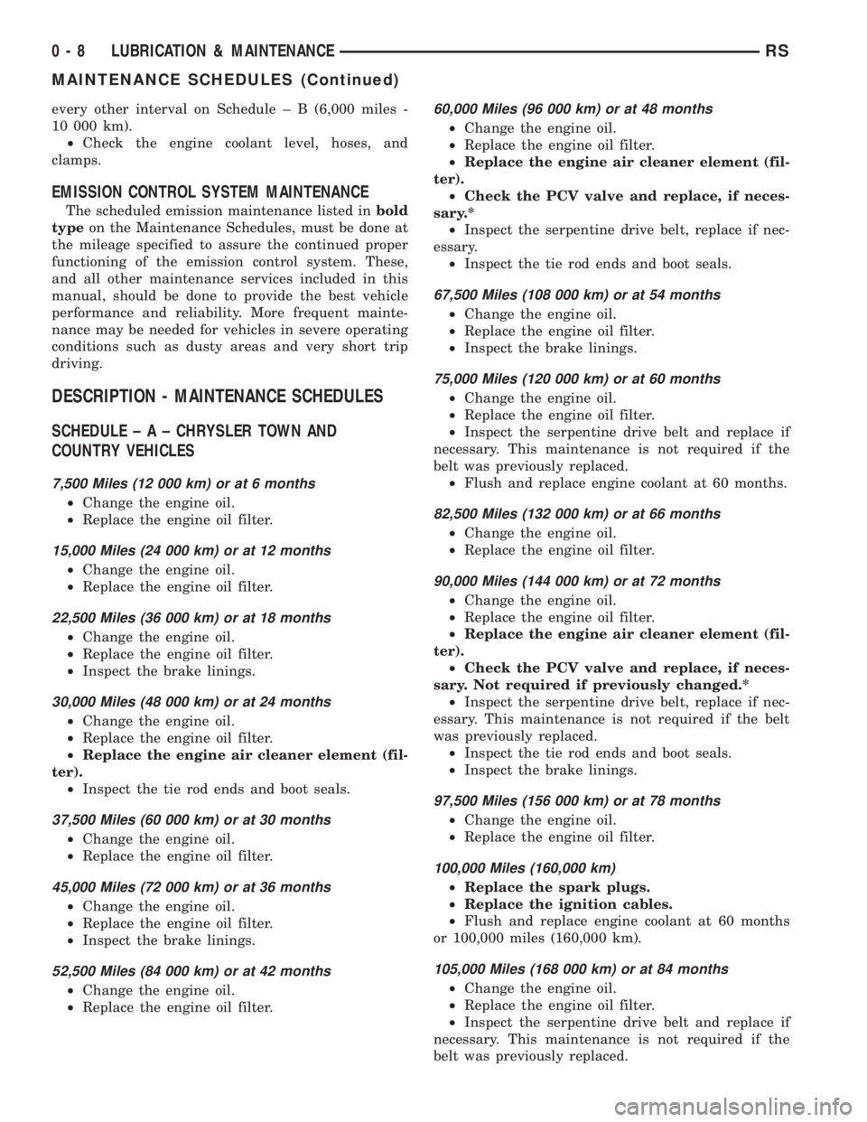CHRYSLER VOYAGER 2001 Service Manual every other interval on Schedule ± B (6,000 miles -
10 000 km).
²Check the engine coolant level, hoses, and
clamps.
EMISSION CONTROL SYSTEM MAINTENANCE
The scheduled emission maintenance listed inbo CHRYSLER VOYAGER 2001 Service Manual every other interval on Schedule ± B (6,000 miles -
10 000 km).
²Check the engine coolant level, hoses, and
clamps.
EMISSION CONTROL SYSTEM MAINTENANCE
The scheduled emission maintenance listed inbo