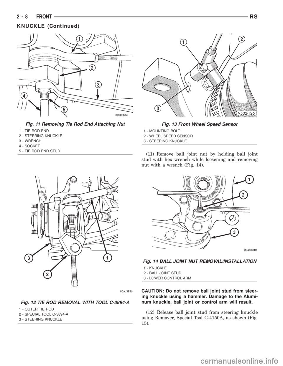 CHRYSLER VOYAGER 2001  Service Manual (11) Remove ball joint nut by holding ball joint
stud with hex wrench while loosening and removing
nut with a wrench (Fig. 14).
CAUTION: Do not remove ball joint stud from steer-
ing knuckle using a h